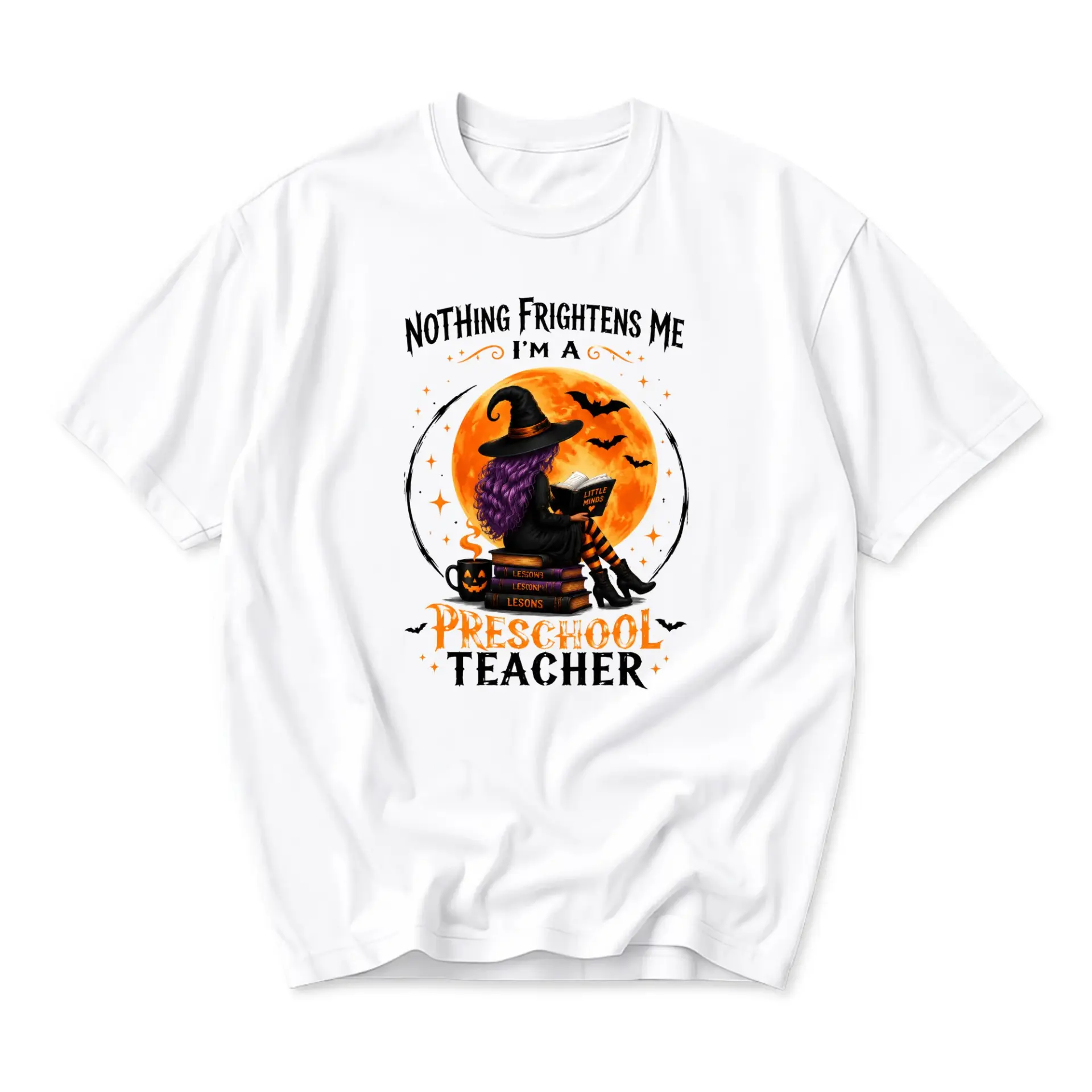 Funny Shirt Preschool Teacher Halloween Graphic Tee Witch Reading Books Casual Everyday Outfit Unisex Crew Neck Top