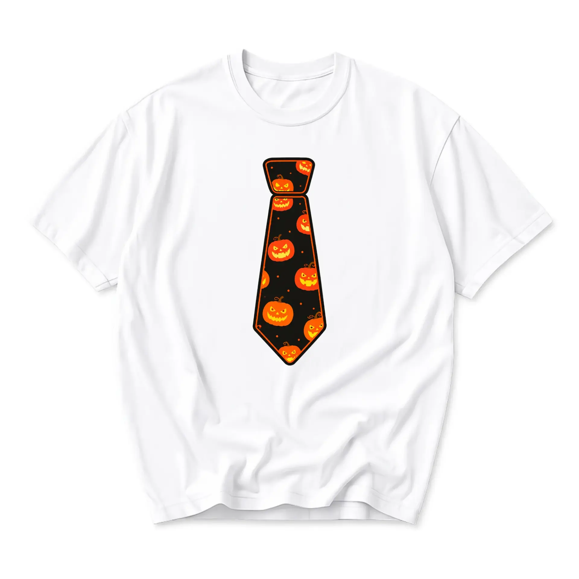 Funny Shirt Halloween Pumpkin Necktie Print Unisex Graphic Tee Casual Short Sleeve Crew Neck Cotton Blend Top