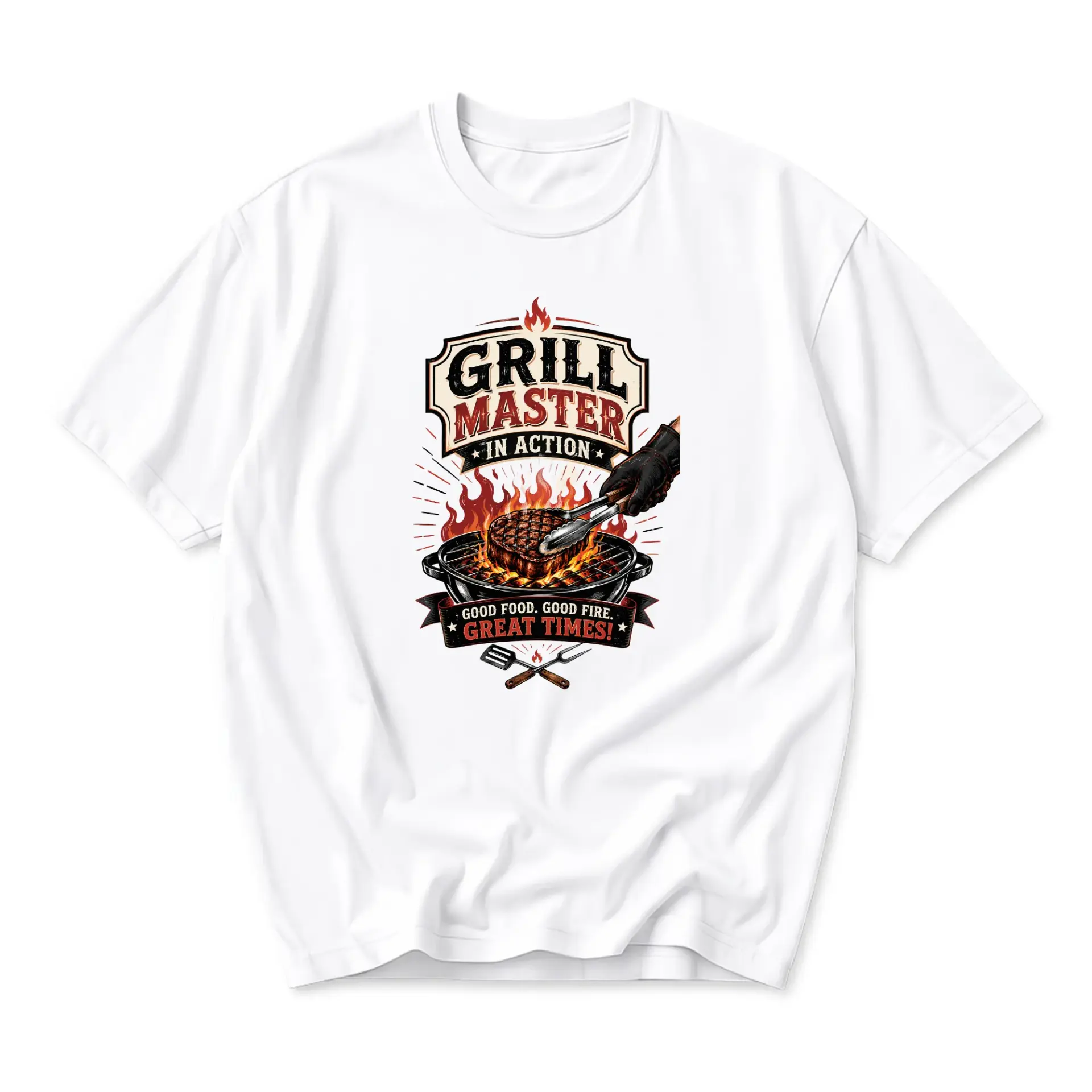 Funny Shirt in Action Graphic Tee Featuring Flames and Barbecue Tools on White Unisex Crew Neck T-Shirt