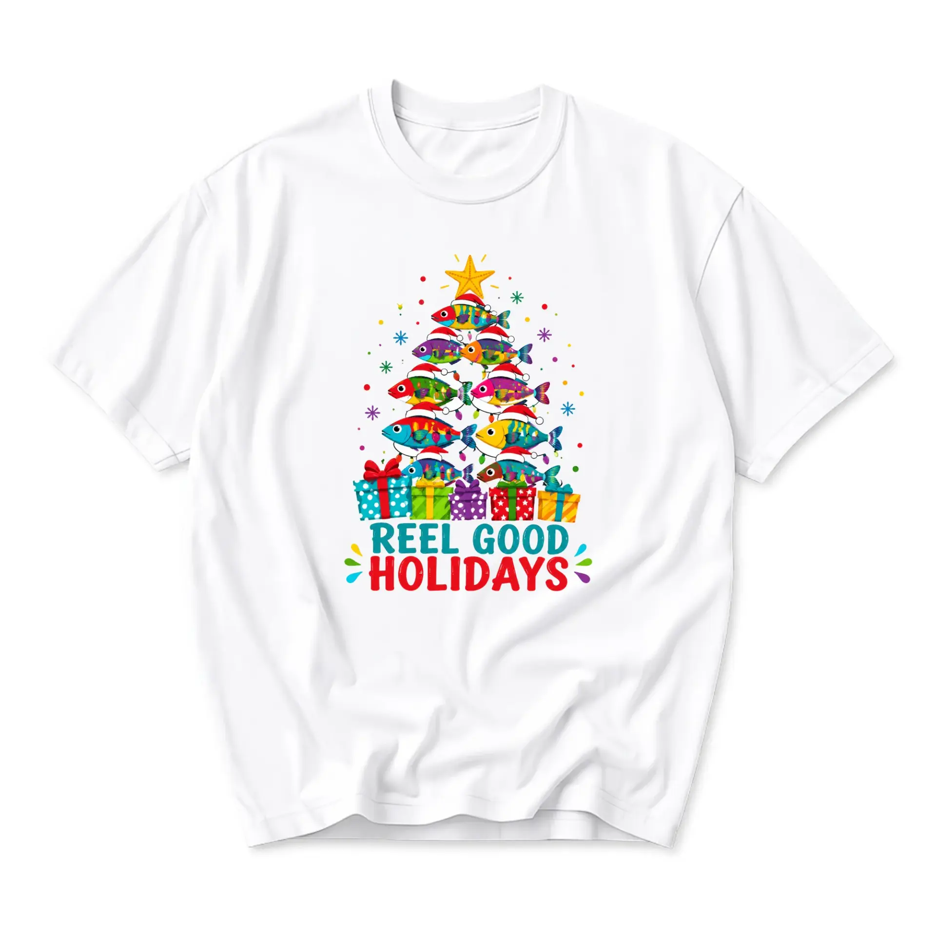 Funny Shirt Reel Good Holidays Christmas Tree Fishing Graphic Tee Unisex Short Sleeve Cotton Blend Casual Top
