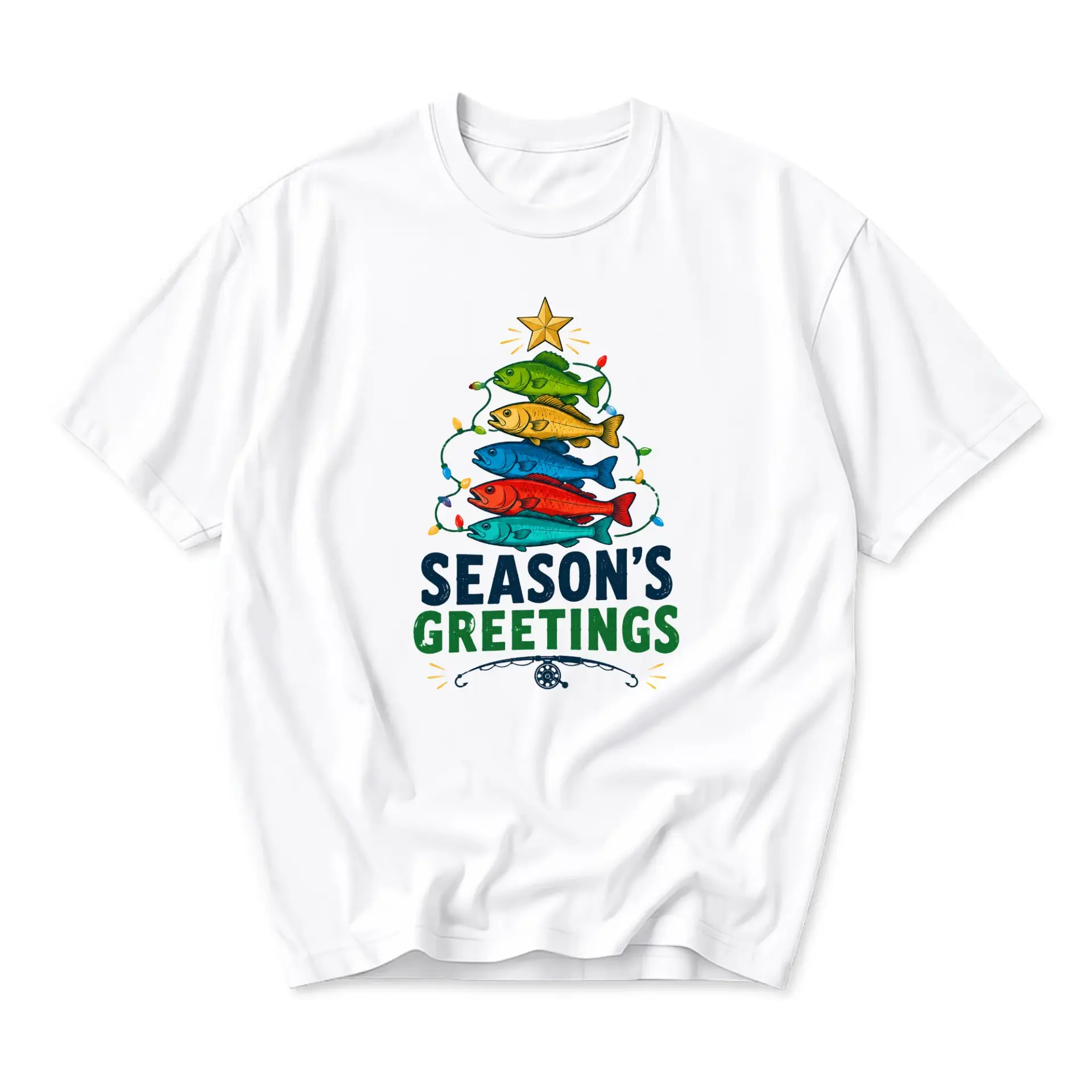 Funny Shirt Season Greetings Fishing Christmas Tree Graphic Tee Unisex Casual Apparel for Outdoor Enthusiasts and Holiday