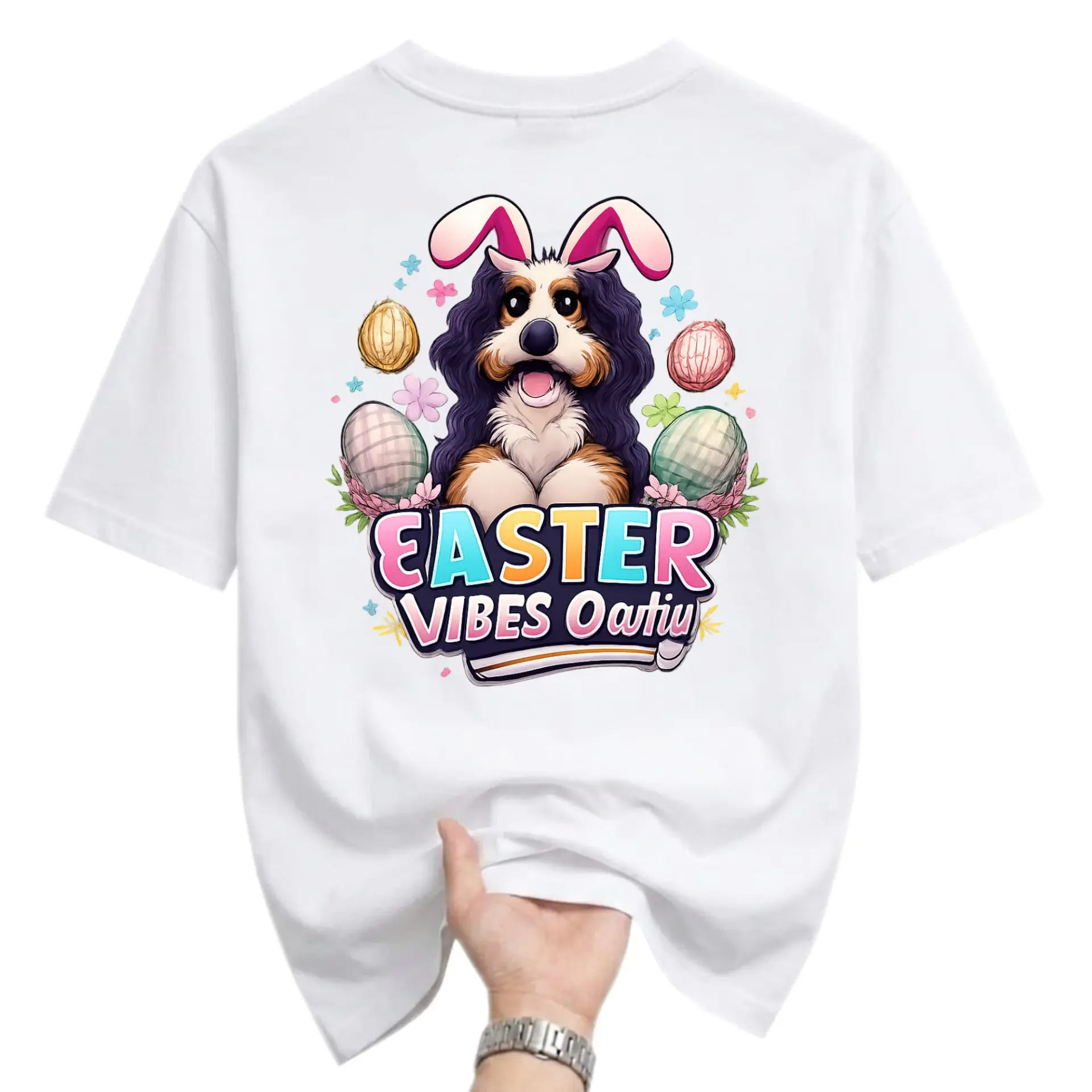 Graphic Tee Easter Puppy Wearing Bunny Ears Cute Floral Egg Illustration