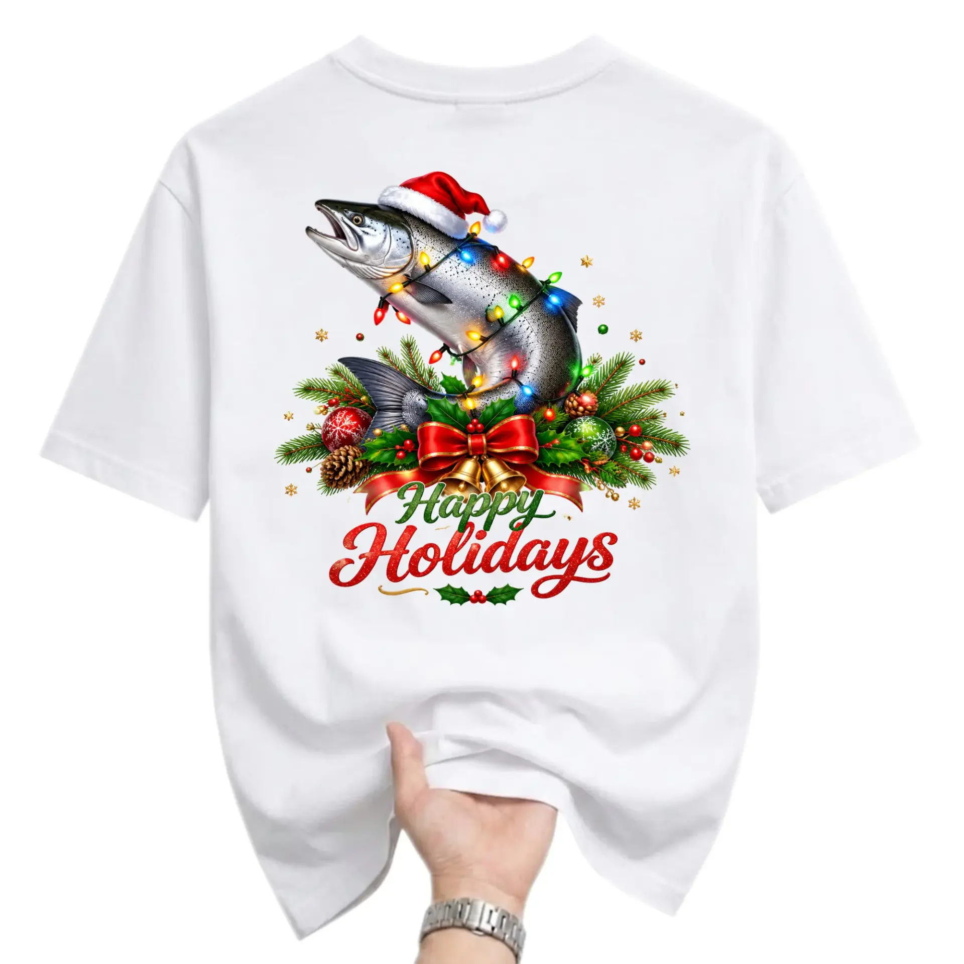 Graphic Tee Happy Holidays Christmas Fish Print Unisex Crew Neck Shirt