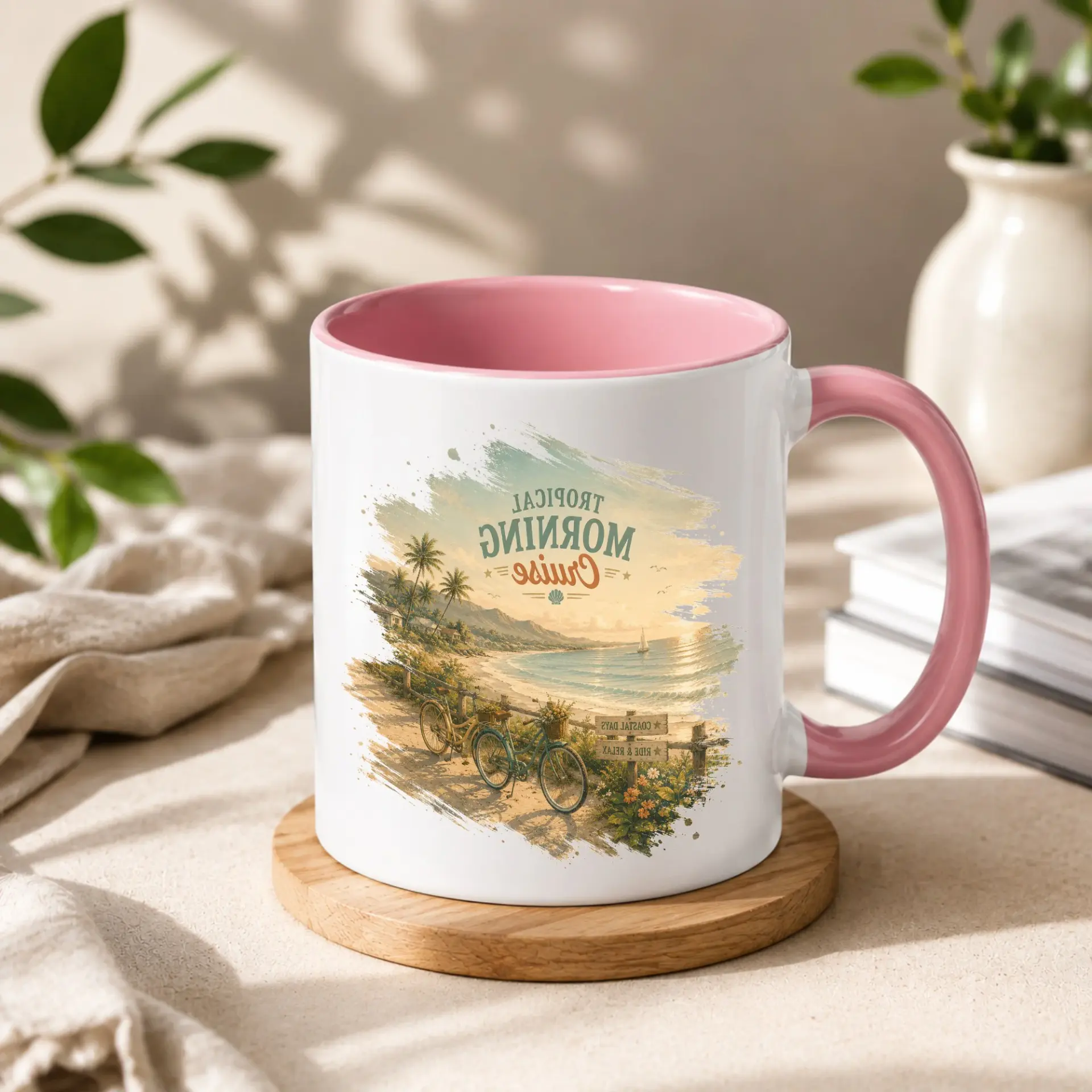 Tropical Morning Cruise Ceramic Coffee Mug with Blue Handle and Rim Beach Bicycle Design Decorative Drinkware