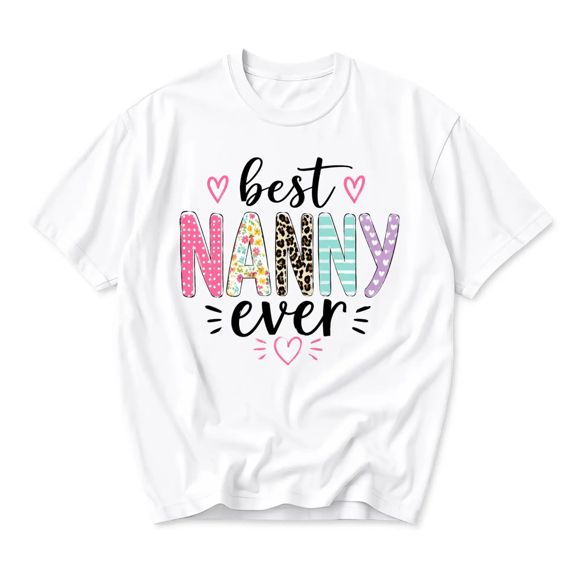 Graphic Tee Best Nanny Ever T-Shirt Fun Floral Leopard Print Unisex Crew