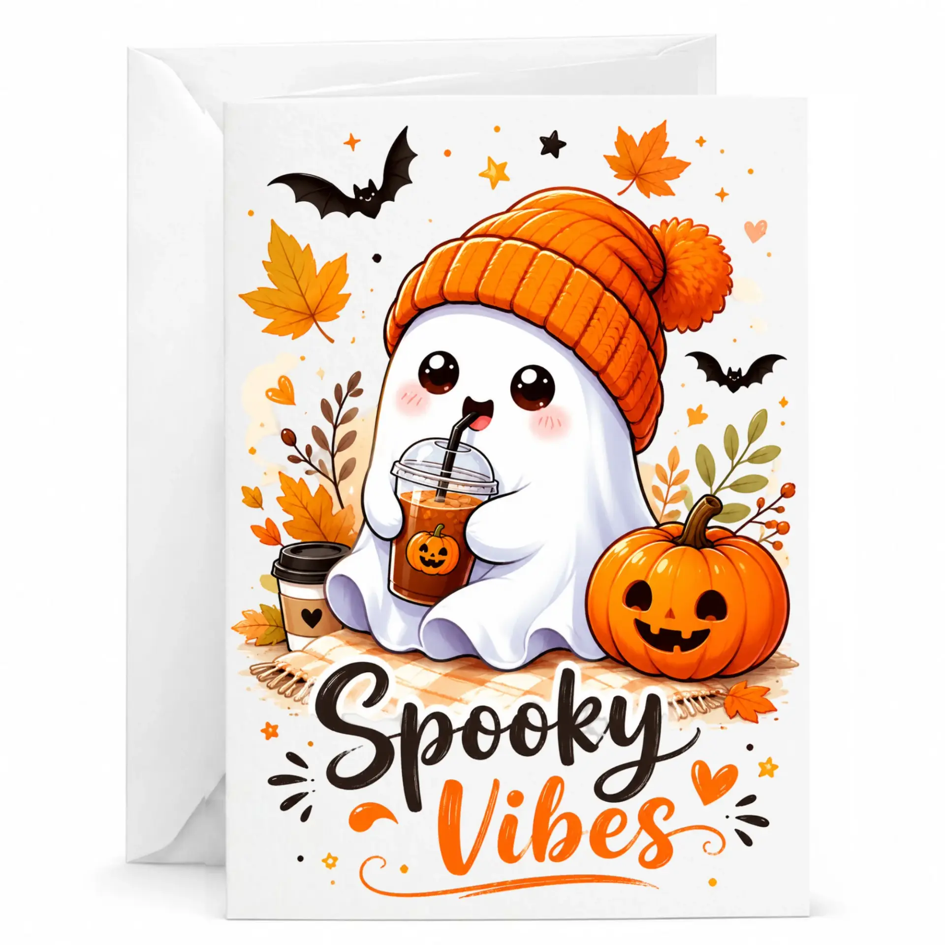 Funny Greeting Card Spooky Vibes Cute with Pumpkin and Autumn Leaves Design for Fall Season Halloween Celebrations