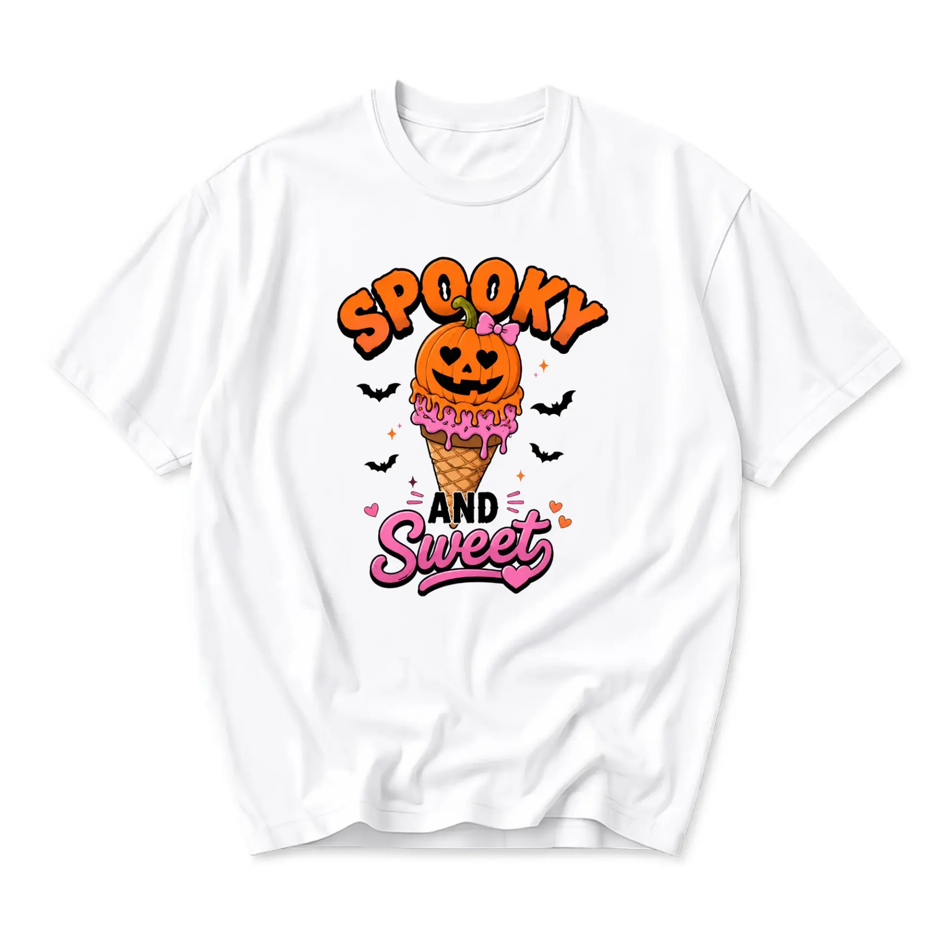 Graphic Tee Spooky and Sweet Pumpkin Ice Cream Cone Unisex Crew Neck Casual Everyday Short Sleeve Shirt White