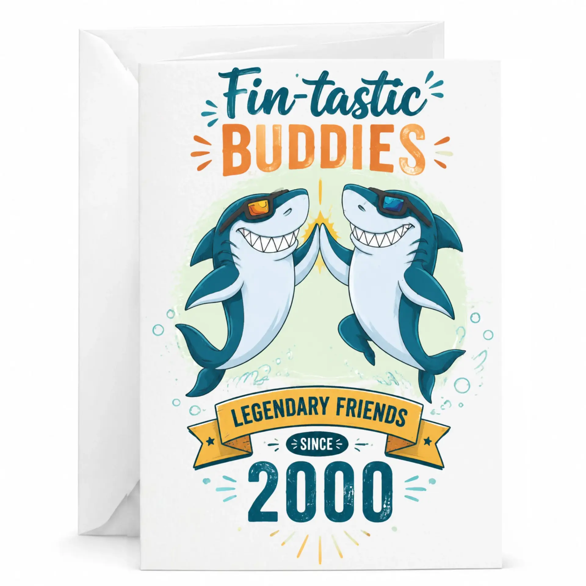 Funny Greeting Card Fin-Tastic Buddies Legendary Friends Since 2000 Shark Design 5x7 Inch Note with Envelope