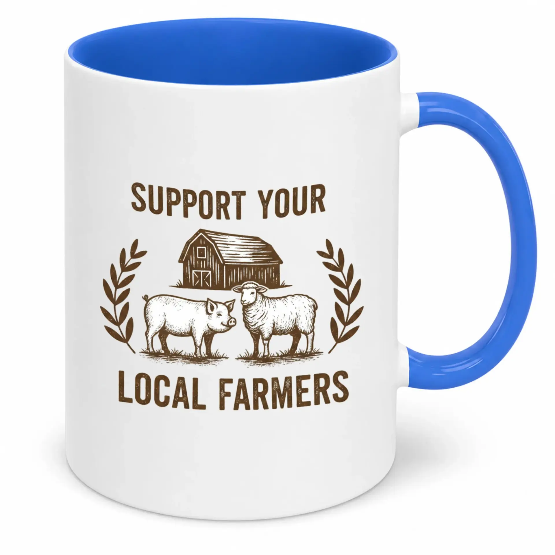 Funny Support Your Local Farmers Ceramic Coffee Mug 11oz or 15oz White Glossy Tea Cup with Blue Handle and Interior for Home Office Kitchen