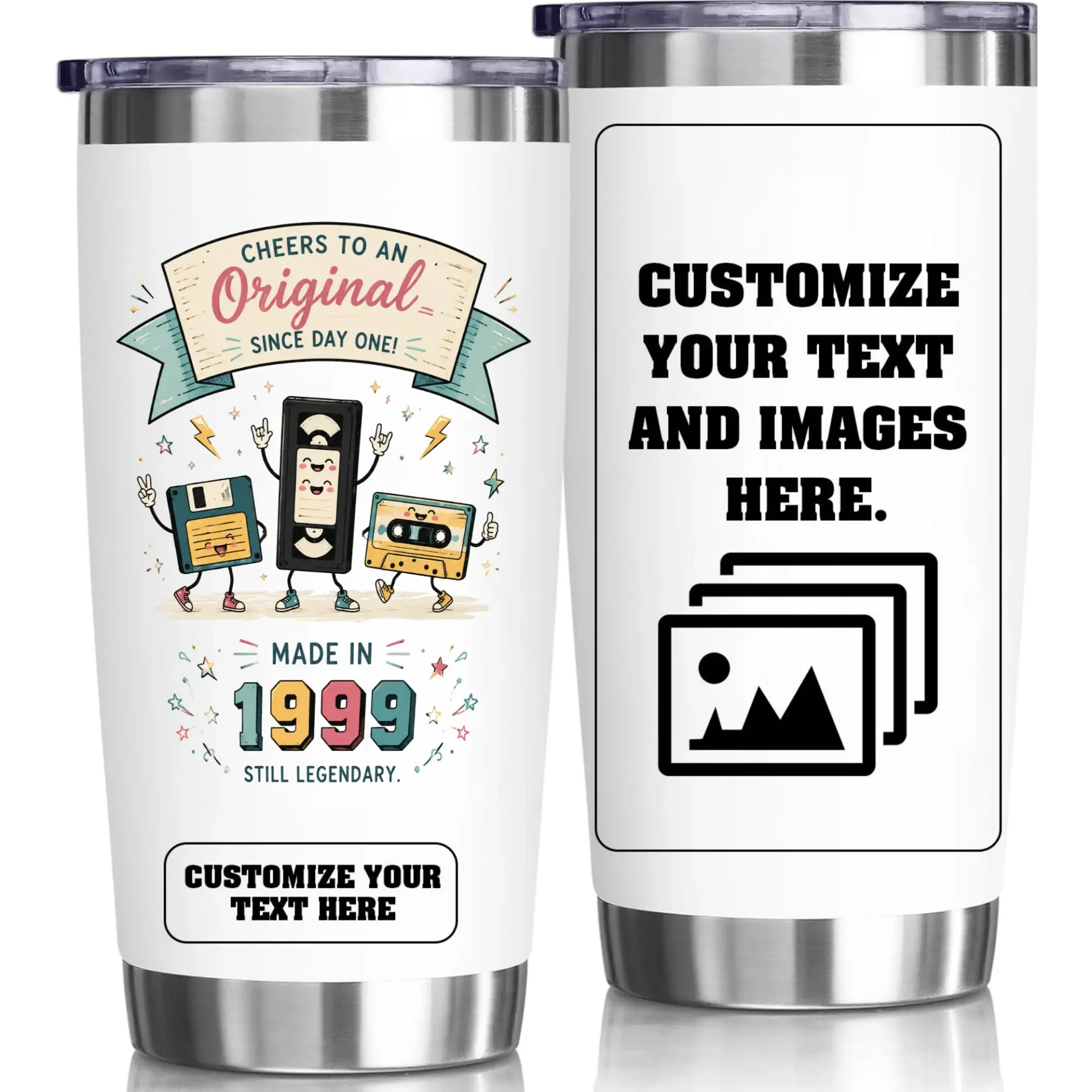 Stainless Steel Tumbler 20oz Retro 1999 Theme Personalized Insulated Travel Cup with Custom Text and Image Graphic