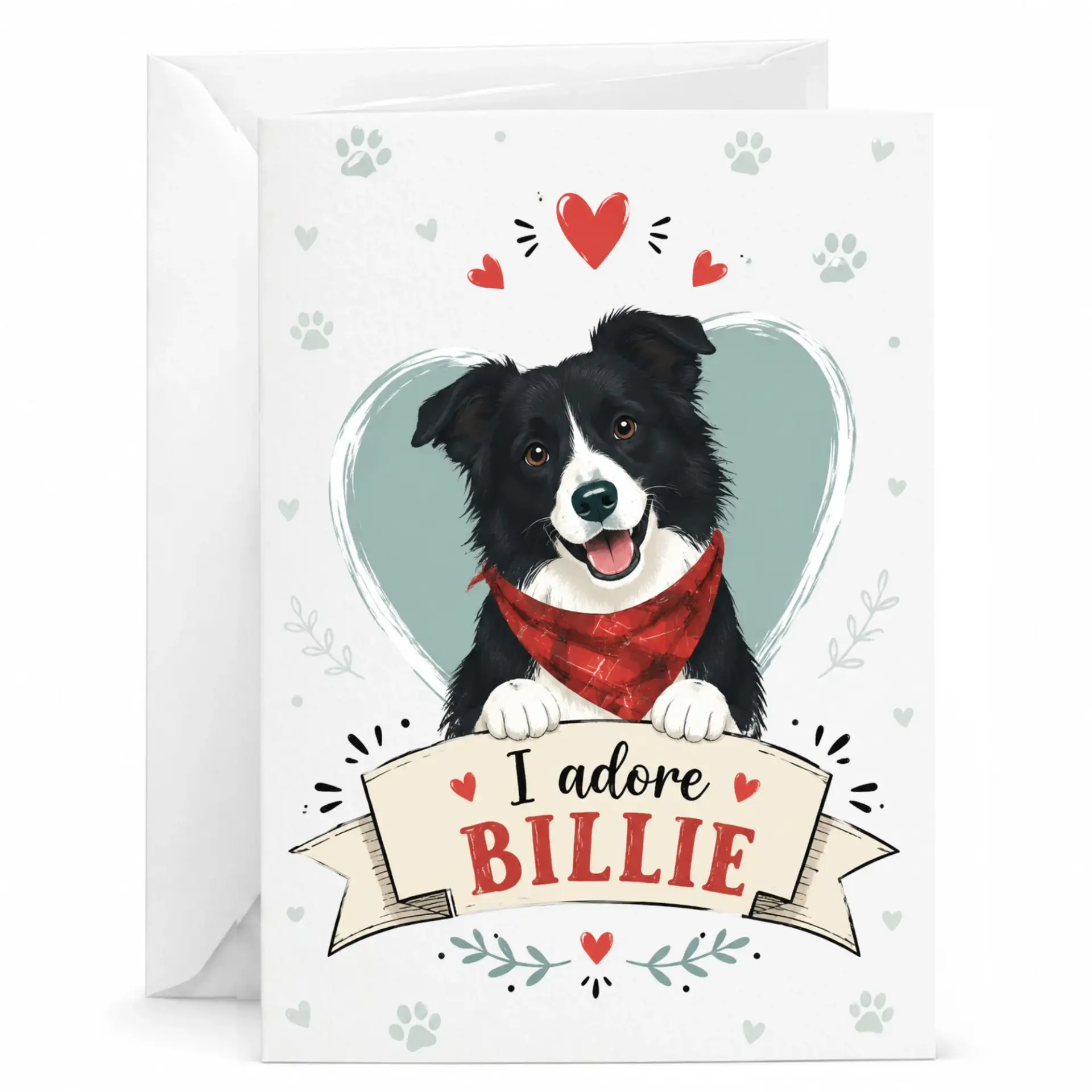 Greeting Card Featuring Adorable Border Collie Dog with Red Bandana and Heart Design for Pet Lovers Greeting