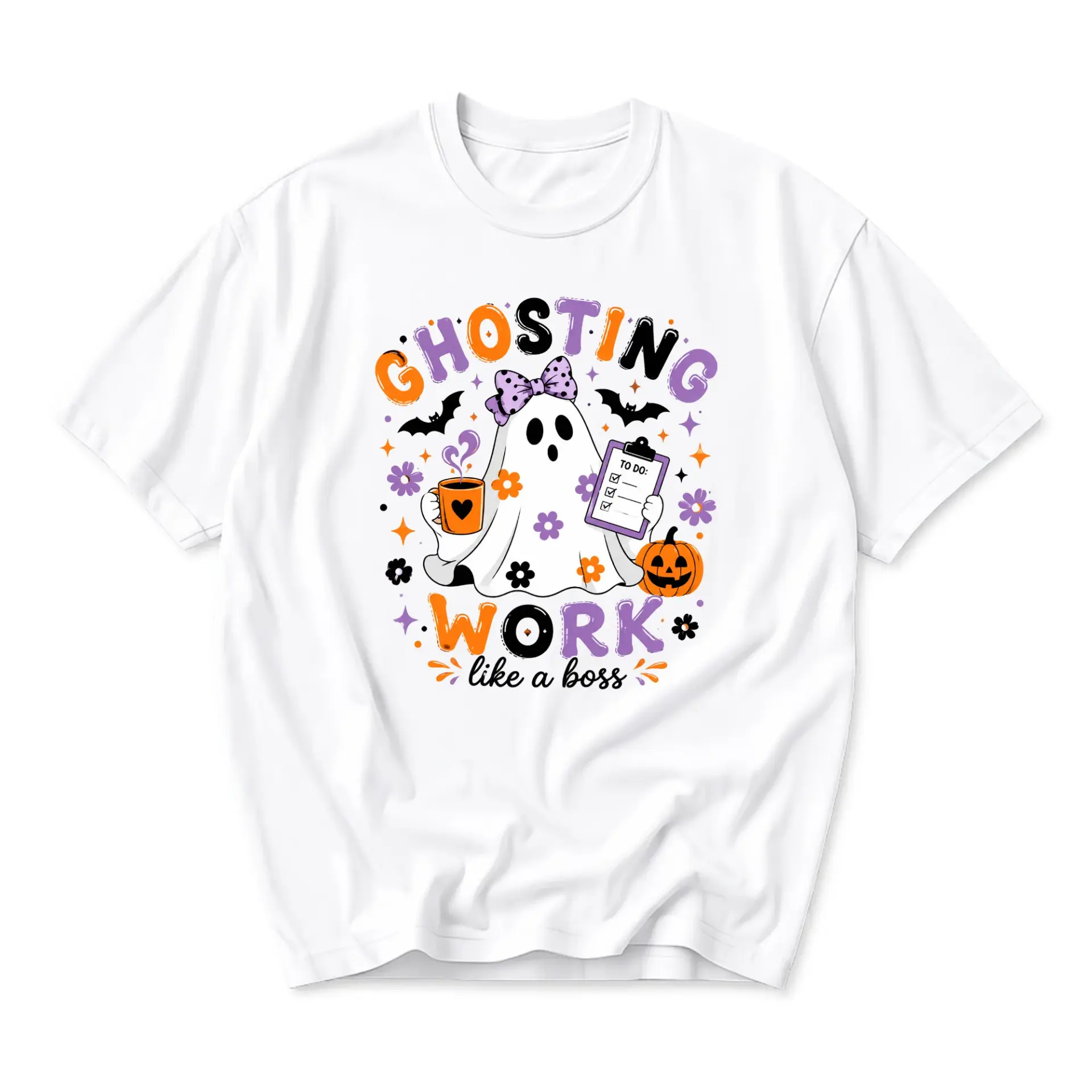 Funny Shirt Ghosting Work Like a Boss Graphic Tee Cute Halloween Pumpkin Coffee Theme Unisex Casual Crew Neck T-Shirt