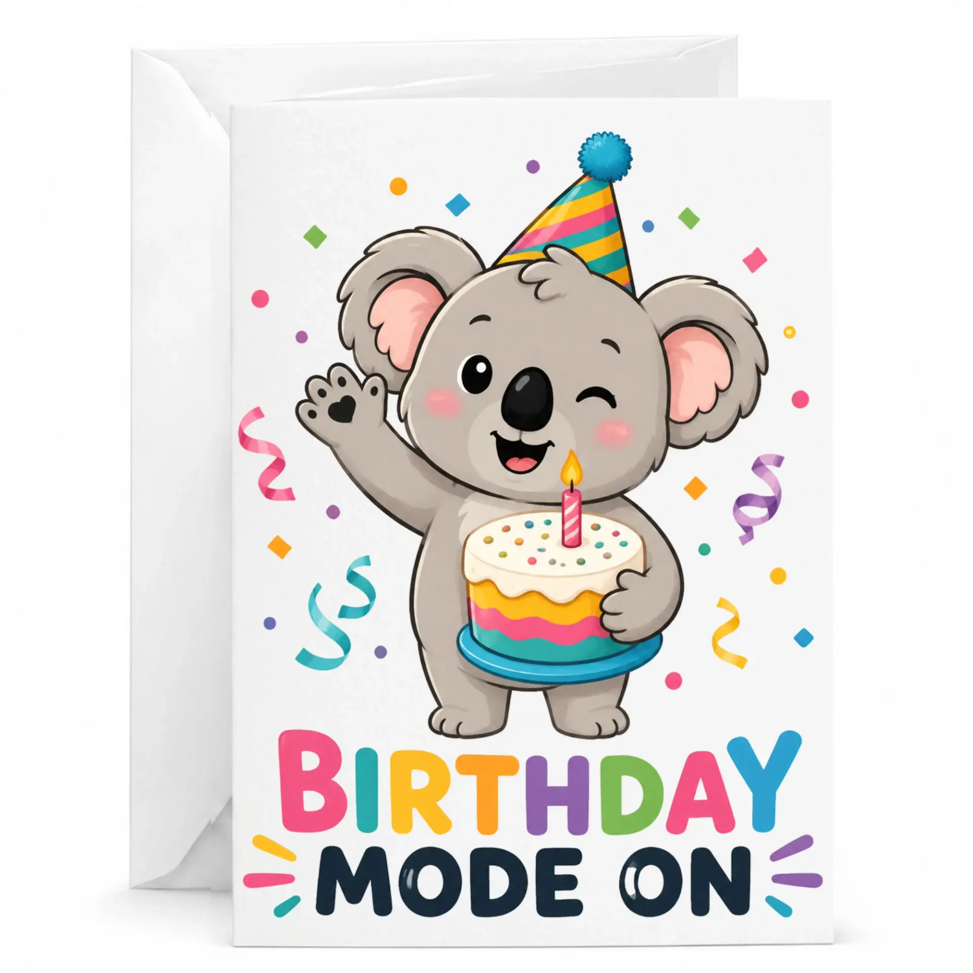 Birthday Card Birthday Mode on Featuring Cute Koala with Party Hat and Cake for Friends and Family Celebration