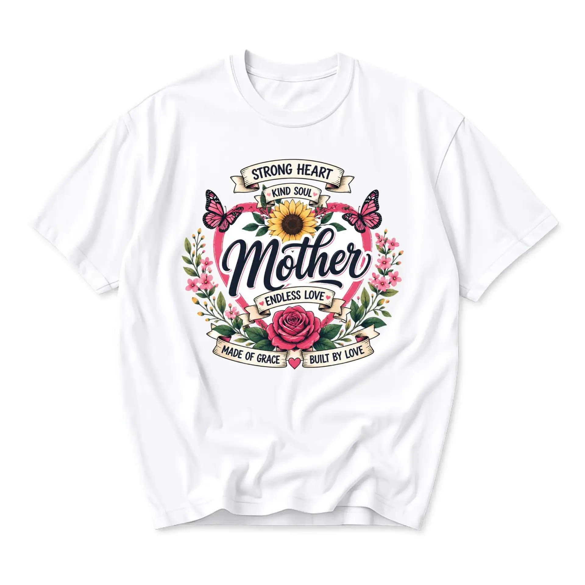 Graphic Tee Strong Heart Kind Soul Mother Floral Butterfly Design Unisex Crew Neck Comfortable Casual Cotton Shirt