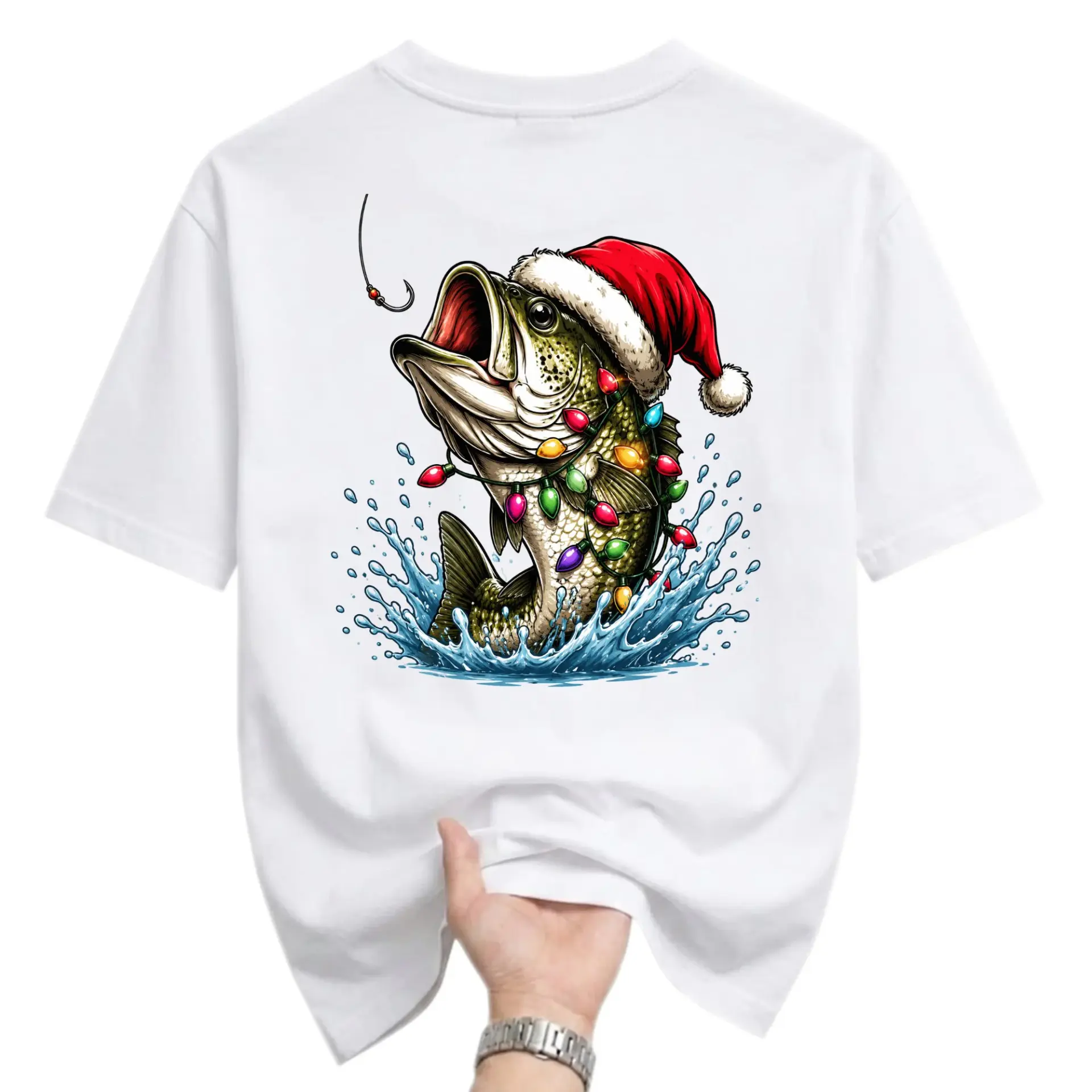 Graphic Tee Christmas Fishing T-Shirt Festive Holiday Outdoor Sport Casual Crew Neck Unisex Everyday Apparel