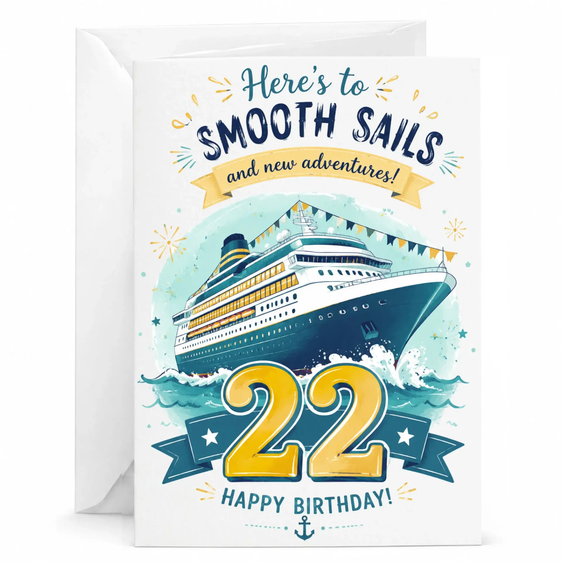 Birthday Card 22nd Birthday Cruise Ship Design Greeting Card for Smooth Sails and New Adventures with Envelope