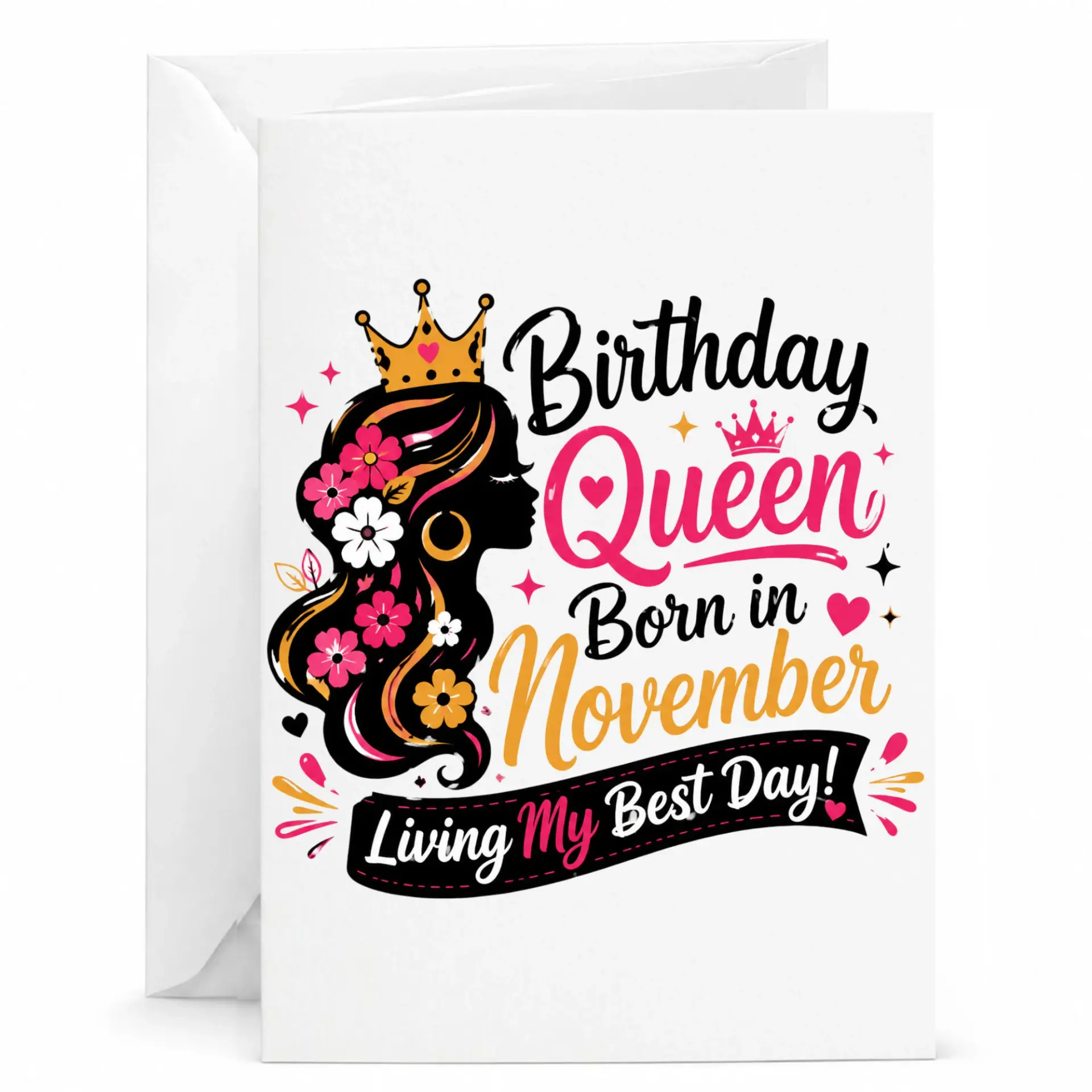 Birthday Queen Born in November Greeting Card with Envelope, Stylish Floral Illustration Birthday Stationery
