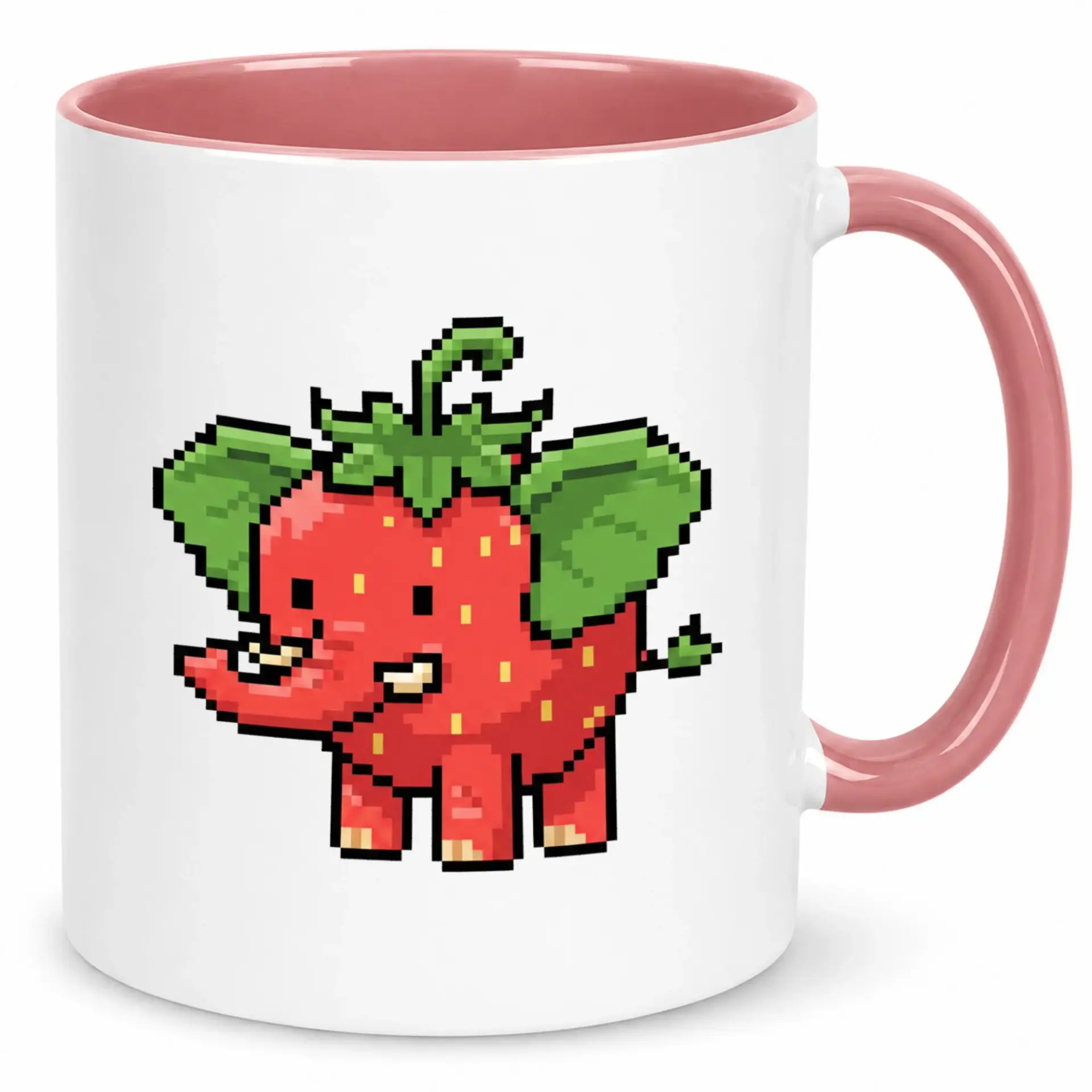 Funny Pixel Art Strawberry Elephant Ceramic Coffee Mug with Pink Handle and Interior - Unique Beverage Cup for Home or Office