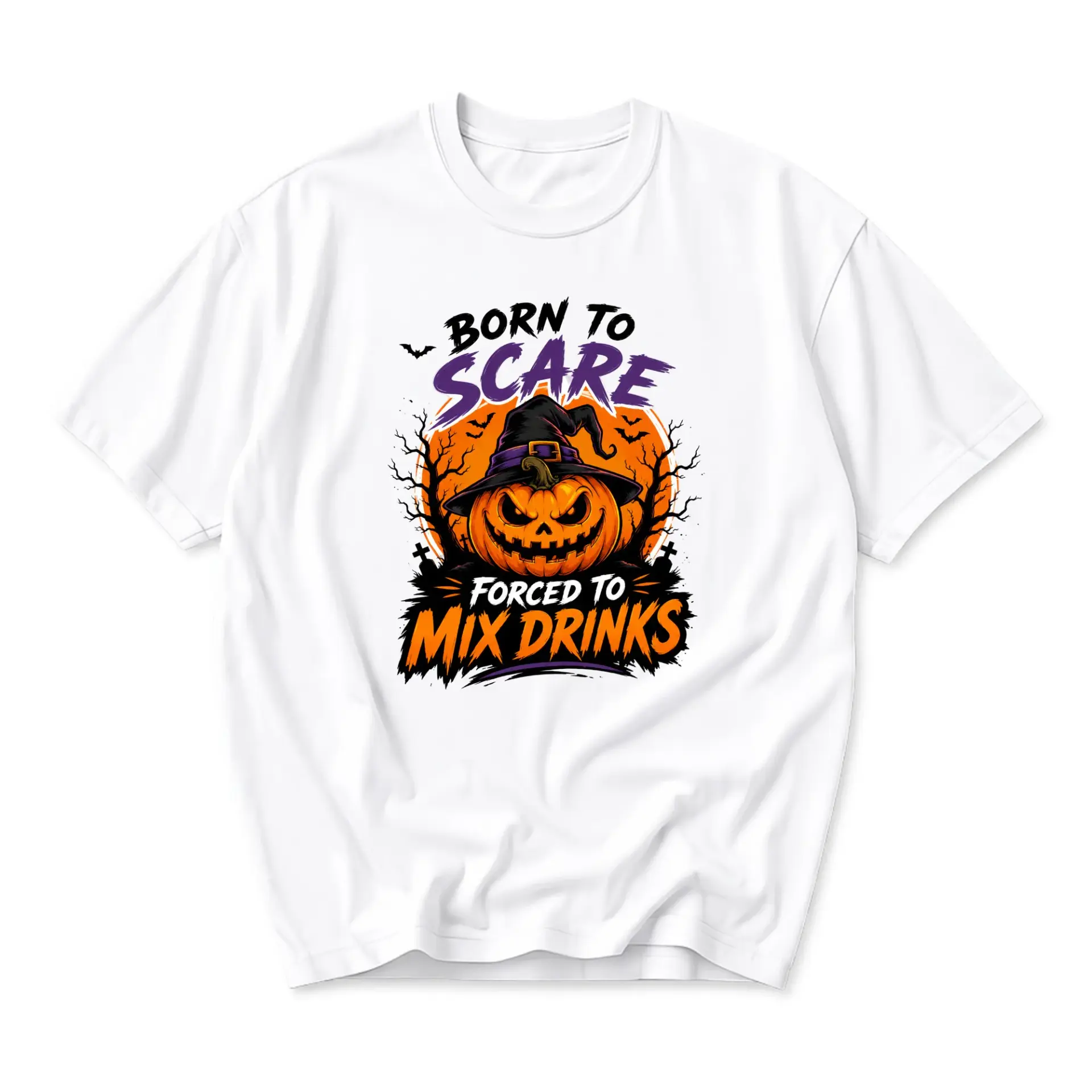 Funny Shirt Born to Scare Forced to Mix Drinks Halloween Graphic Tee Unisex Crew Neck Casual Cotton Blend Top