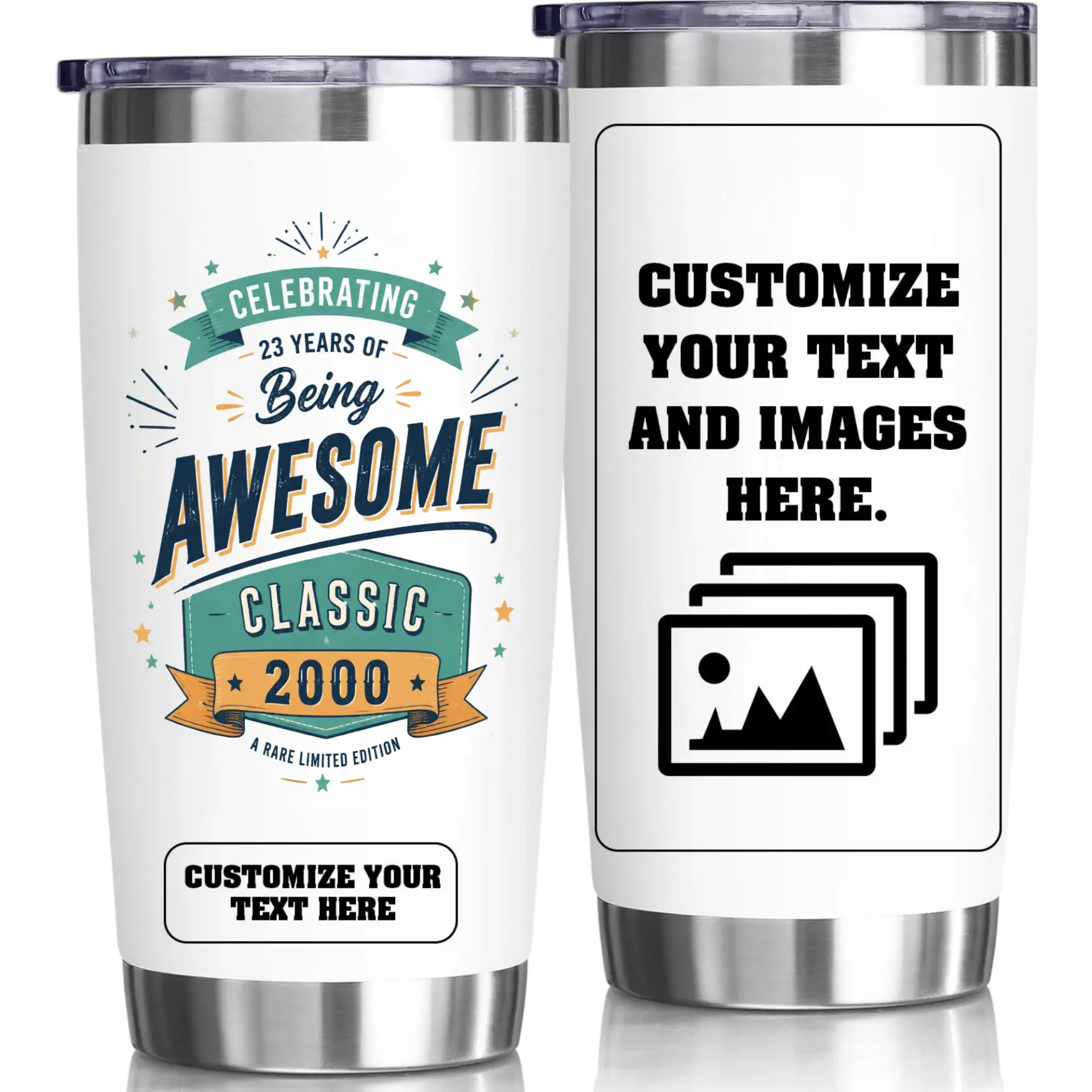 Stainless Steel Tumbler 20oz Insulated Cup Celebrating 23 Years of Being Awesome 2000 Retro Style Drinkware Gift for Birthday