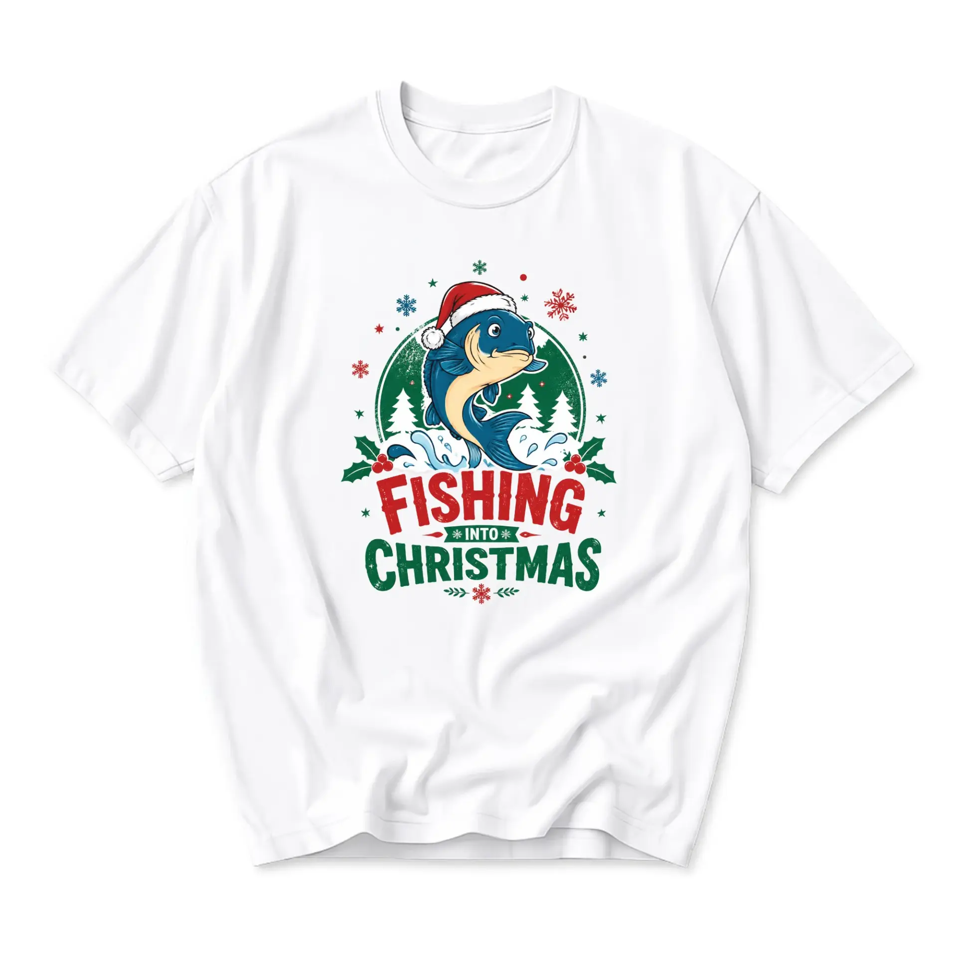 Graphic Tee Fishing into Christmas Holiday Season Apparel Casual Unisex Short Sleeve Crew Neck Cotton Shirt White