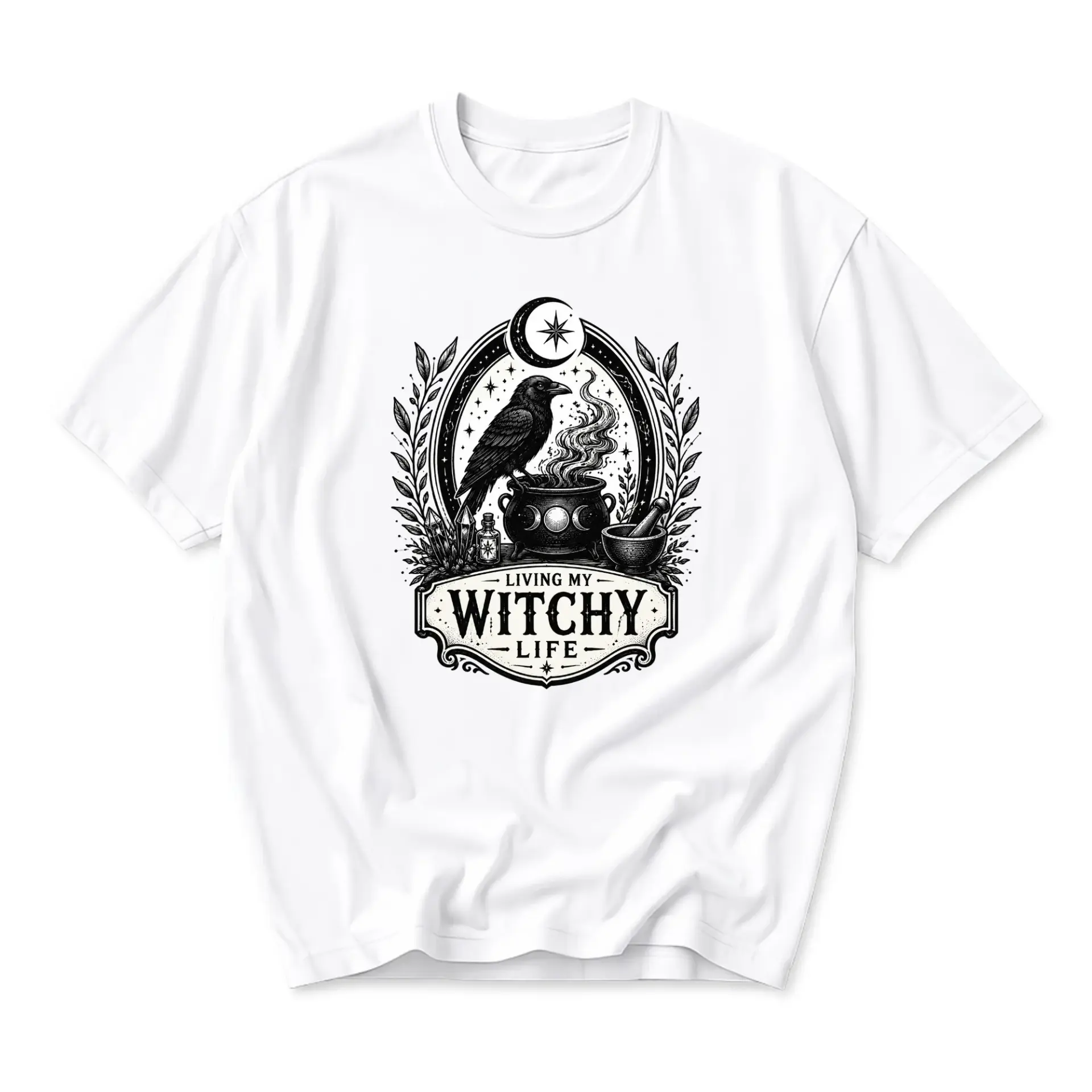 Graphic Tee Living My Witchy Life Black and White Crow Cauldron Illustration Casual Unisex Cotton Crew Neck Shirt
