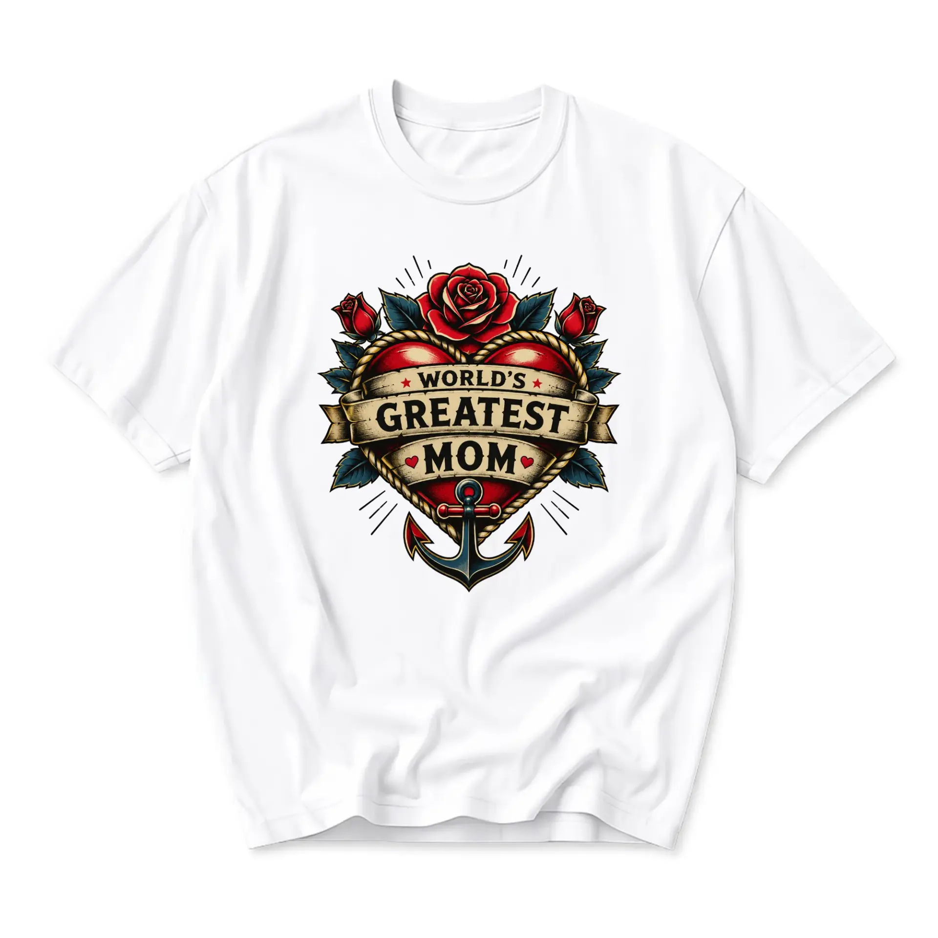 T-shirt World's Greatest Mom Tattoo Style Graphic Tee Casual Cotton Crew Neck Unisex Everyday Apparel White Shirt