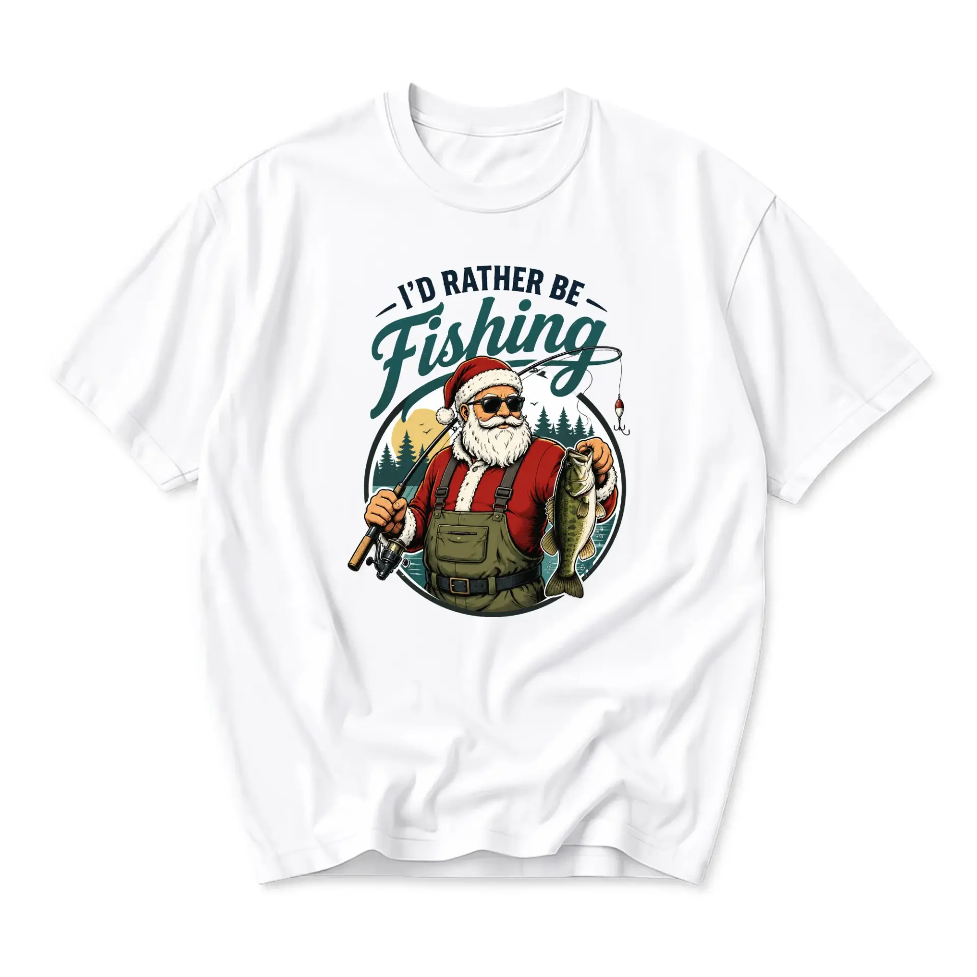 Funny Shirt I'd Rather Be Fishing Graphic Tee Santa Claus Outdoors Unisex