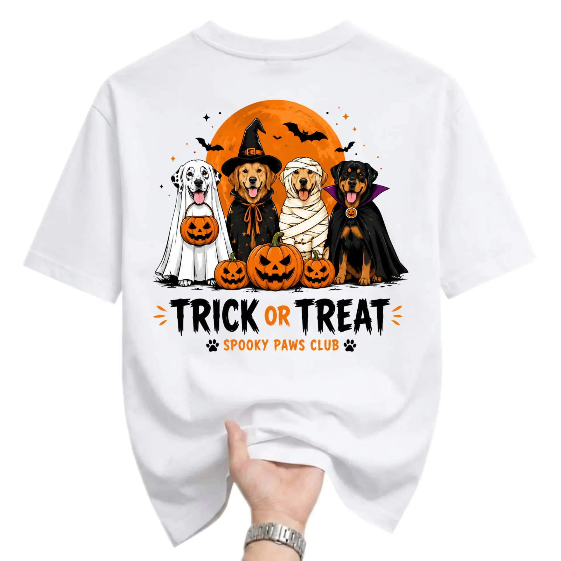 Graphic Tee Trick or Treat Spooky Paws Club Halloween Dog Costume Shirt Unisex Casual Crew Neck Apparel White