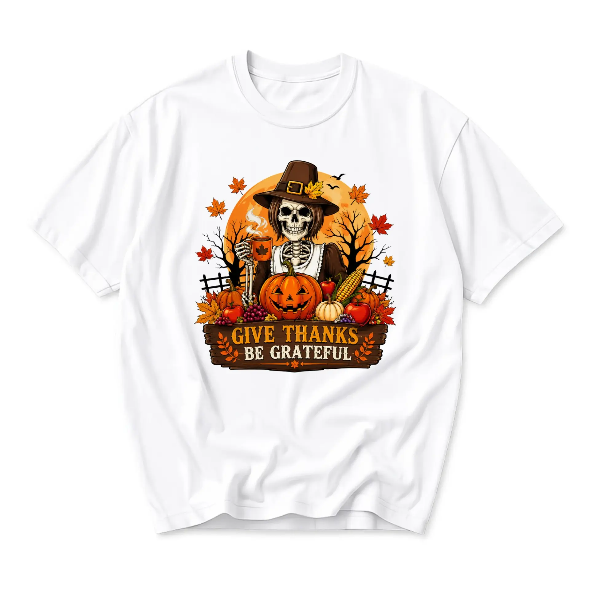 Graphic Tee Autumn Skeleton Pilgrim Design Unisex Short Sleeve Crew Neck Seasonal Fall Holiday Apparel for Casual Wear