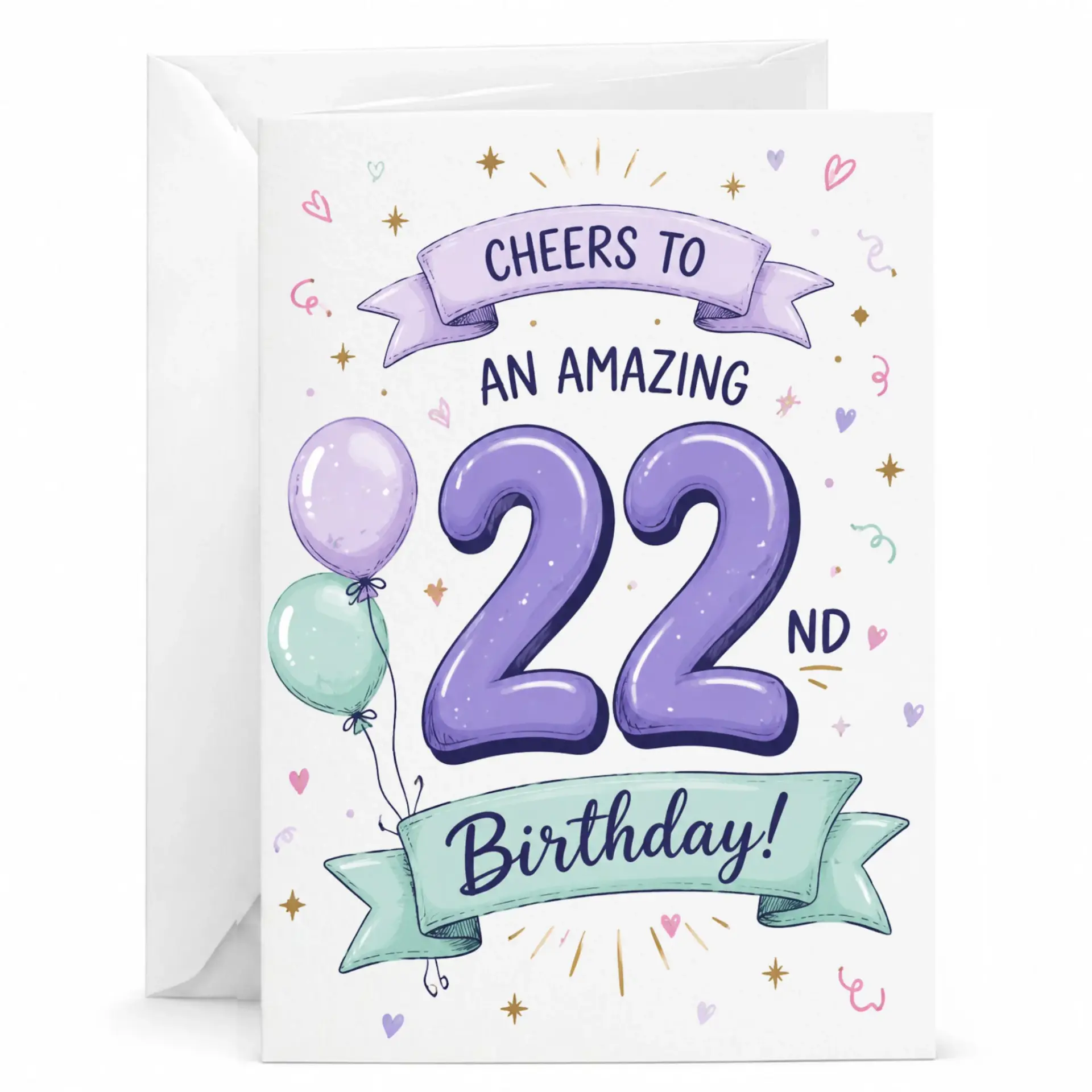 Birthday Card for 22nd Birthday Celebration Fun Purple Balloons Design Premium Greeting Card with White Envelope