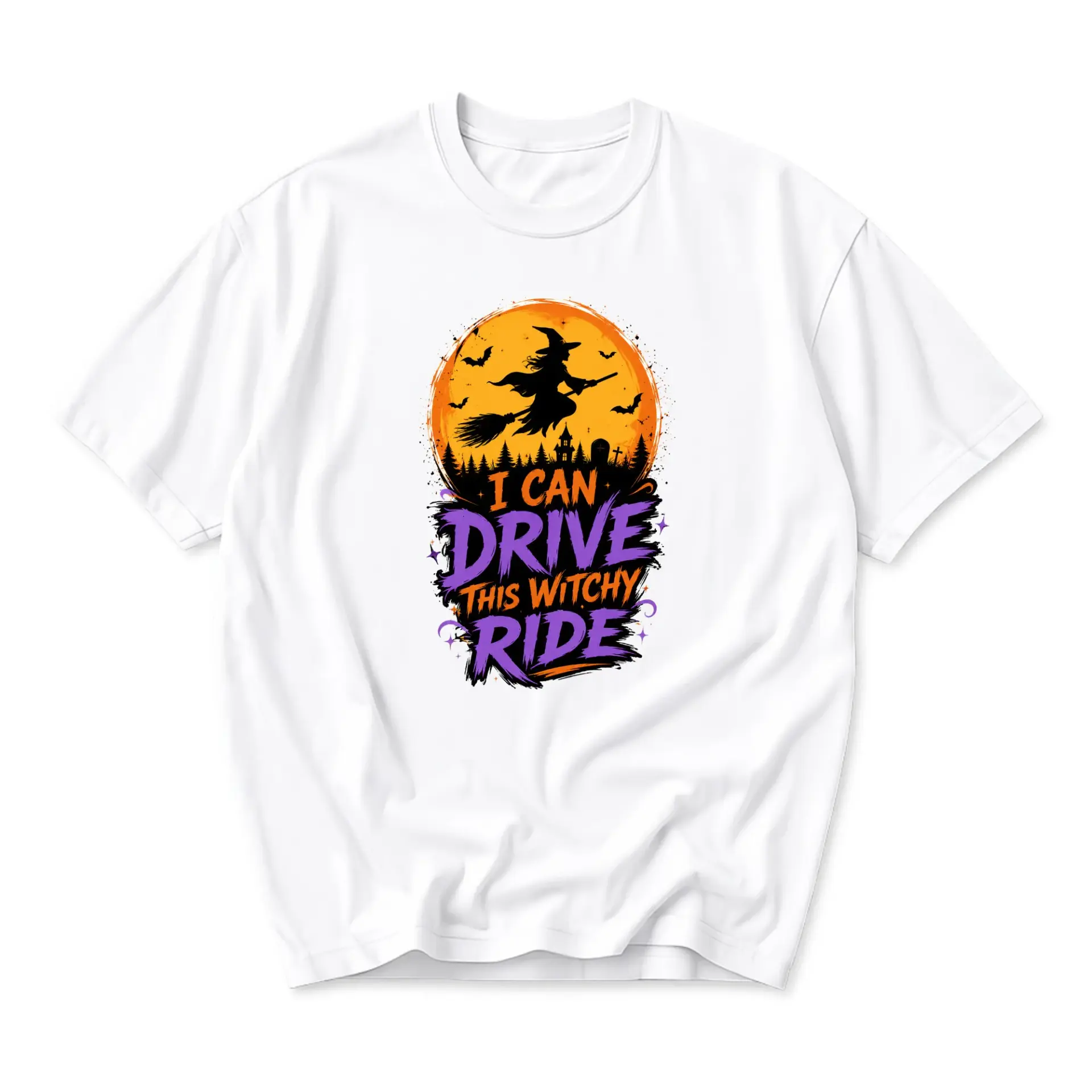 Funny Shirt I Can Drive This Witchy Ride Graphic Tee Unisex Crew Neck Halloween Holiday Casual Cotton Apparel Top