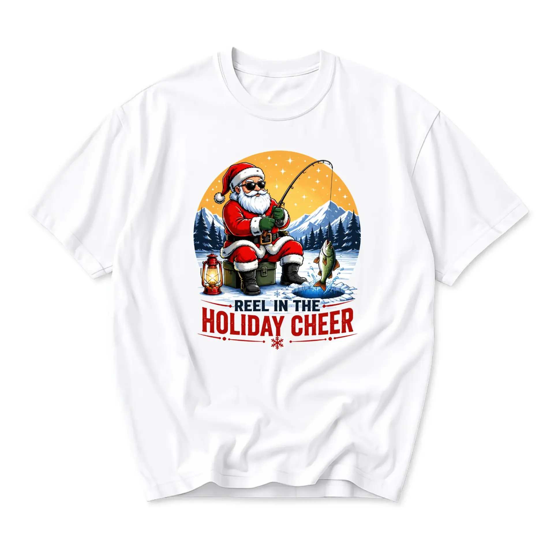 Funny Shirt Reel in the Holiday Cheer Graphic Tee Unisex Crew Neck Fishing Santa Casual Cotton Blend Top
