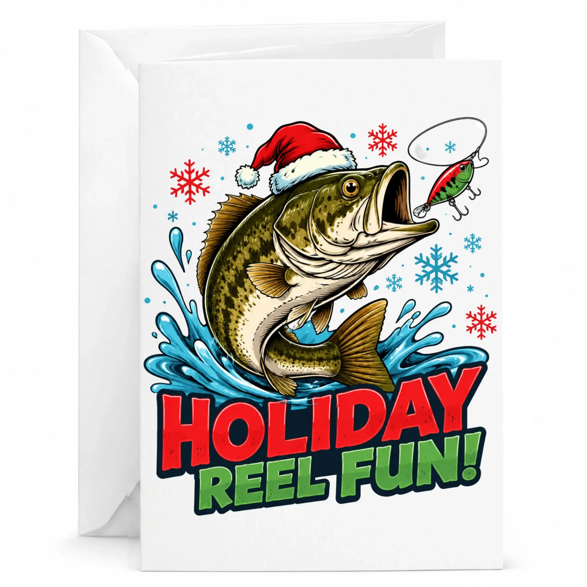 Holiday Reel Fun Greeting Card, Funny Fishing Winter Themed Christmas Note Card with Matching Envelope for Outdoor Enthusiasts