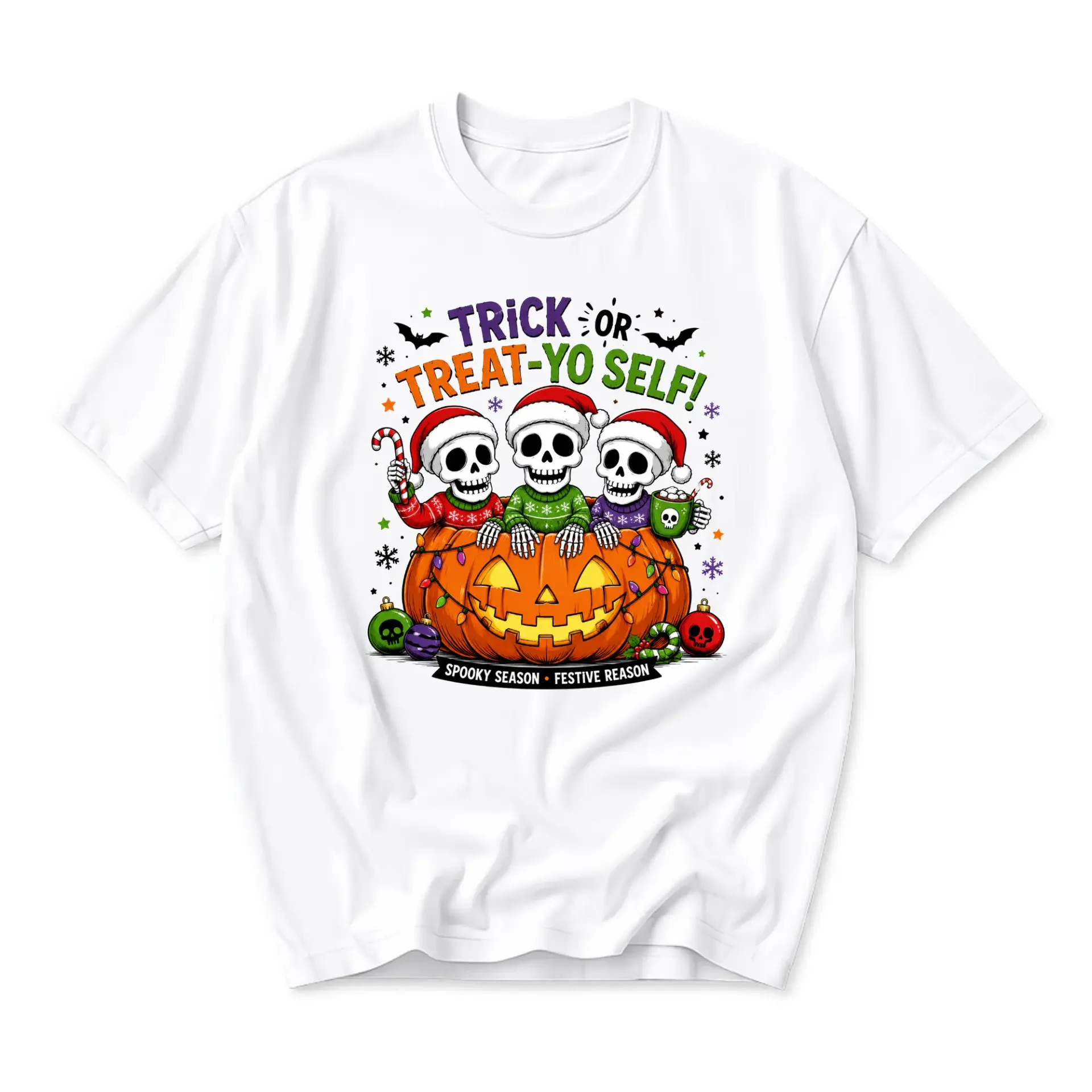 Funny Shirt Trick or Treat Yo Self Skeletons Graphic Tee Holiday Unisex Crew Neck Short Sleeve Cotton Casual Top