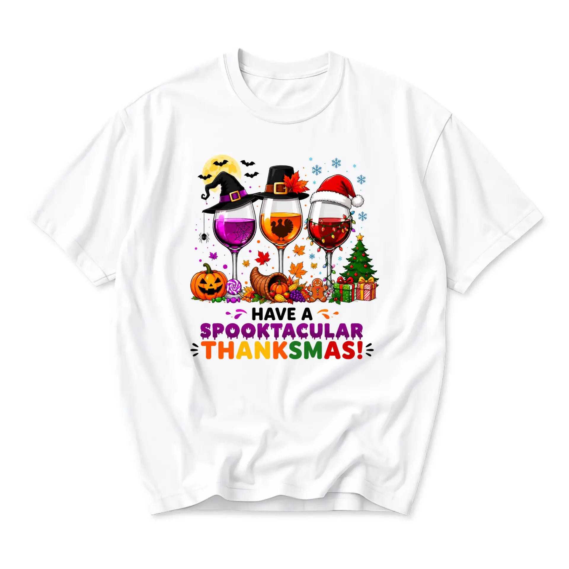 Funny Shirt Unisex Graphic Printed T-Shirt Featuring Festive Holiday Wine Glasses Spooktacular Thanksmas Seasonal Design