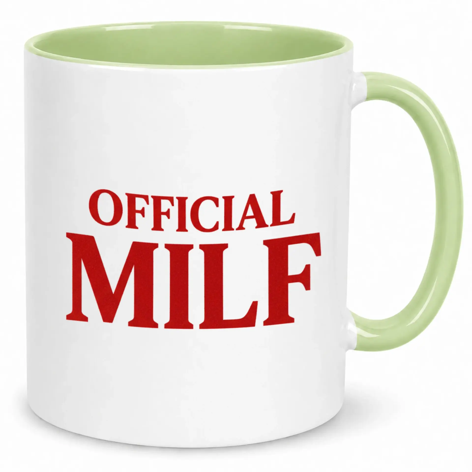 Funny Ceramic Coffee Mug with Sarcastic 'official Milf' Red Print Design, Unique White and Green Handle Drinkware for Adults, Humorous Beverage Cup Gift Idea