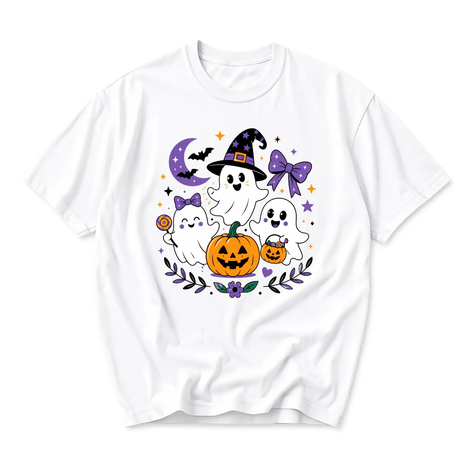 Graphic Tee Halloween Ghosts Pumpkin Cute Spooky Seasonal Unisex Crew Neck Soft Cotton Blend Casual Everyday Shirt