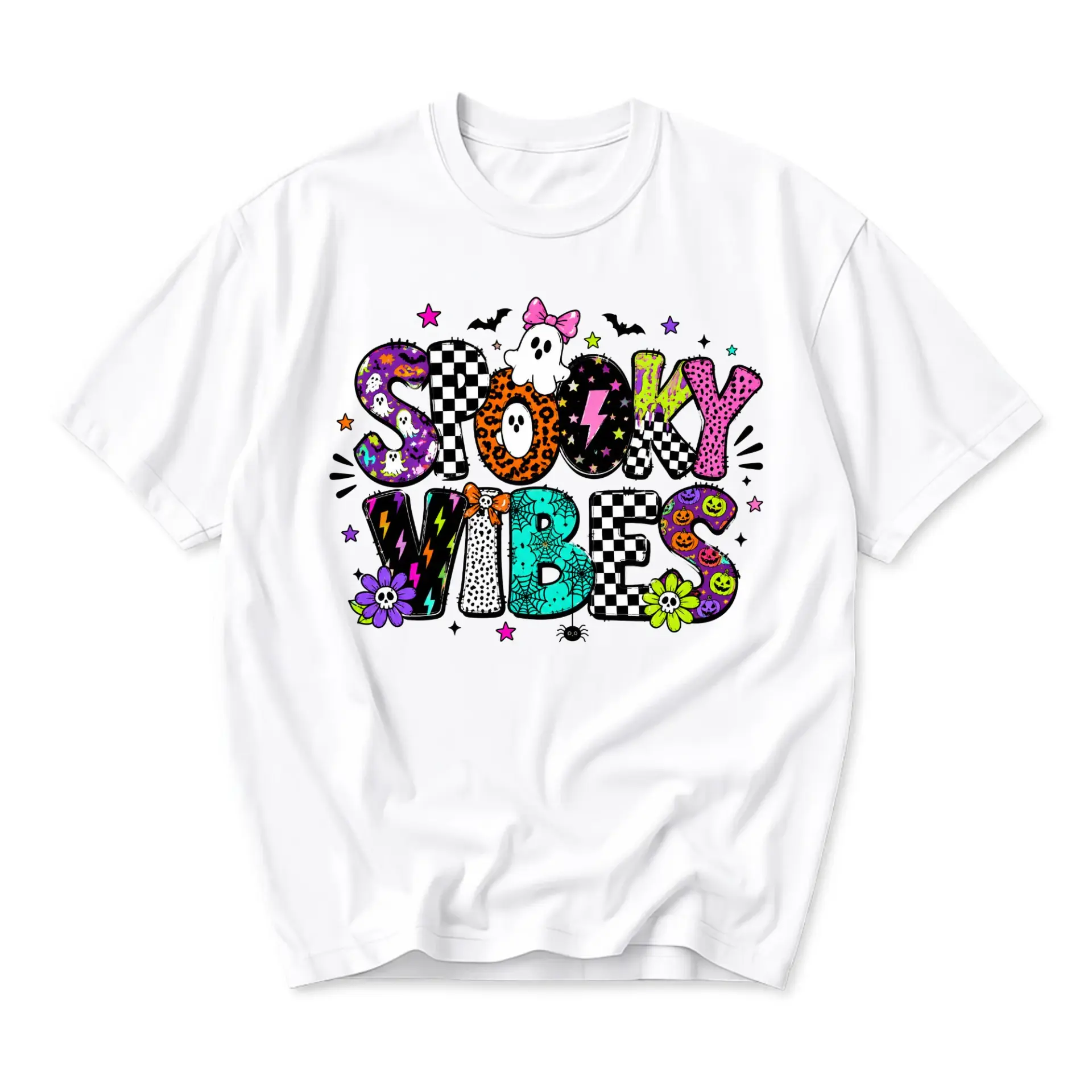 Graphic Tee Spooky Vibes Halloween Shirt Aesthetic Retro Fall Style Unisex Crew Neck Casual Cotton Blend Apparel