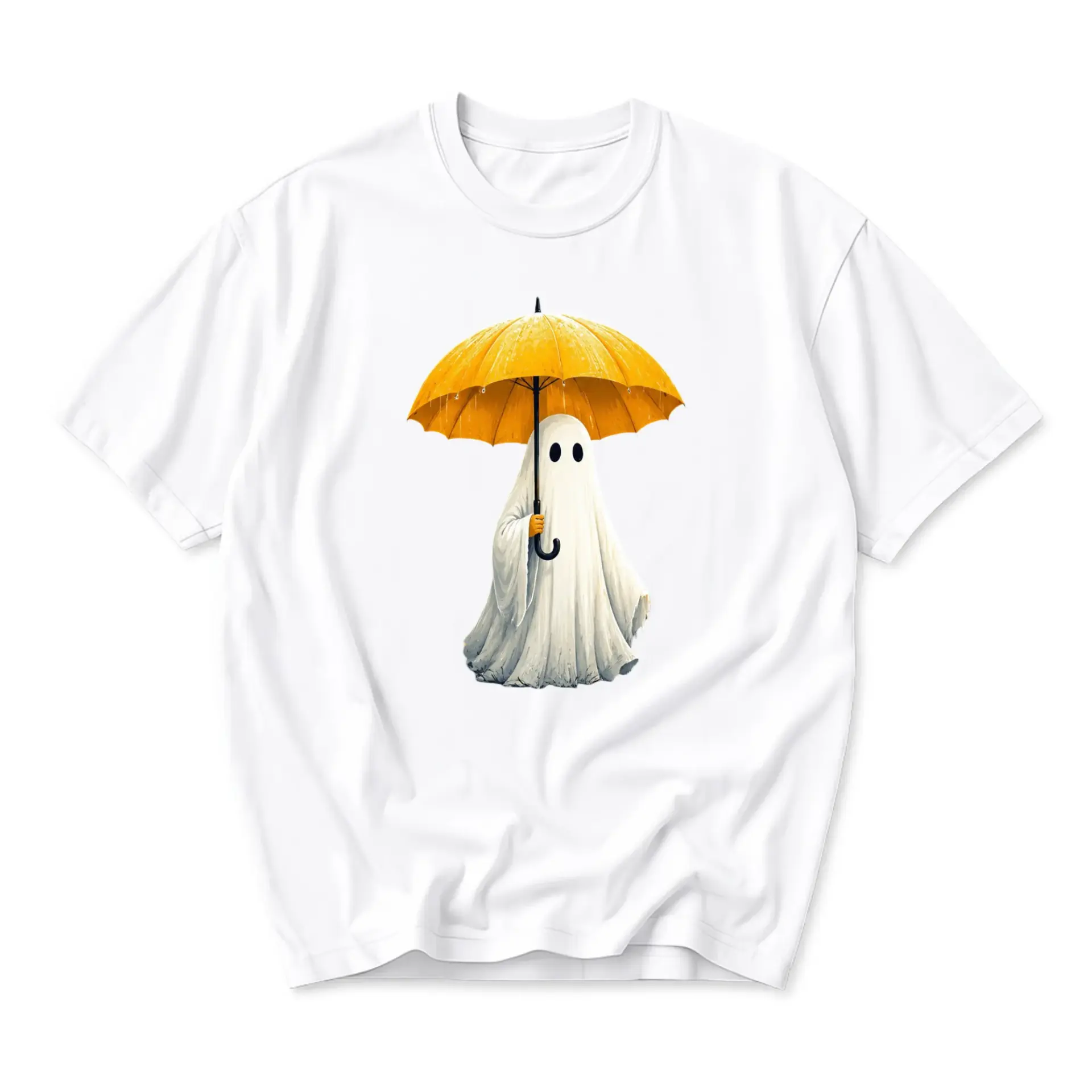 Graphic Tee Ghost under Yellow Umbrella Unisex Crew Neck Shirt Casual Short Sleeve Apparel for Everyday Outfits