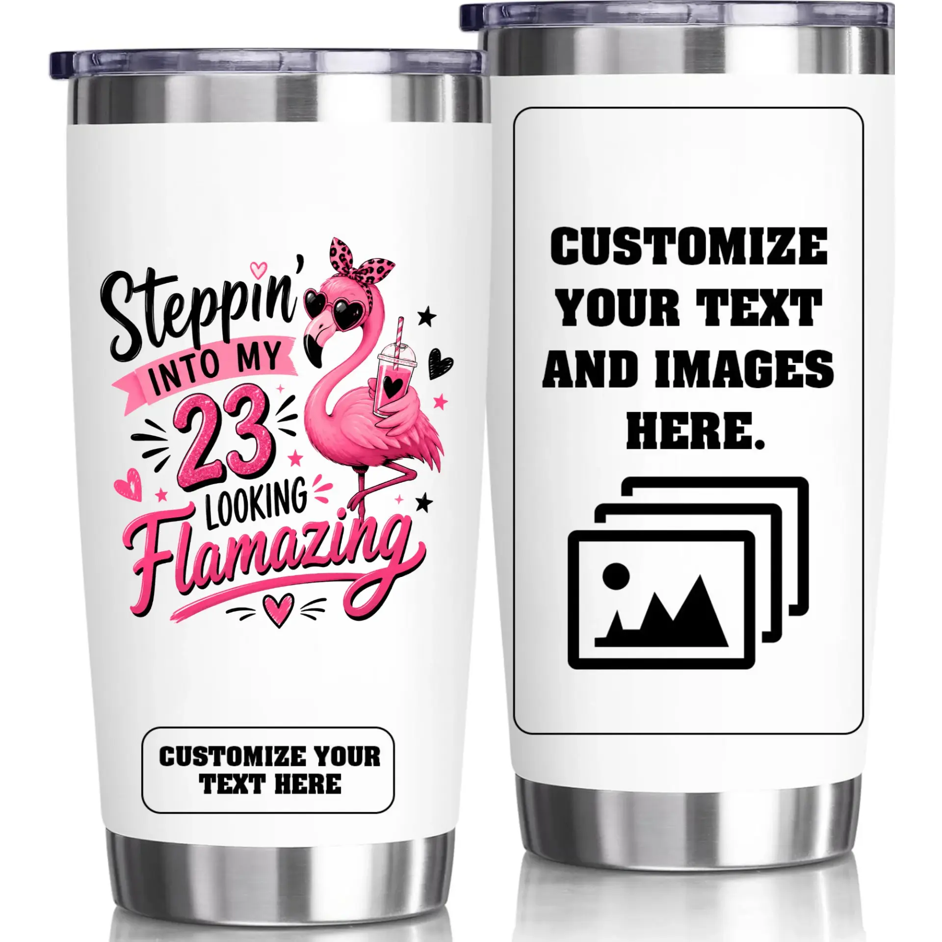 Stainless Steel Tumbler 20oz Custom Flamingo Birthday Cup Insulated Travel Mug for Hot Cold Beverages Office Home Use