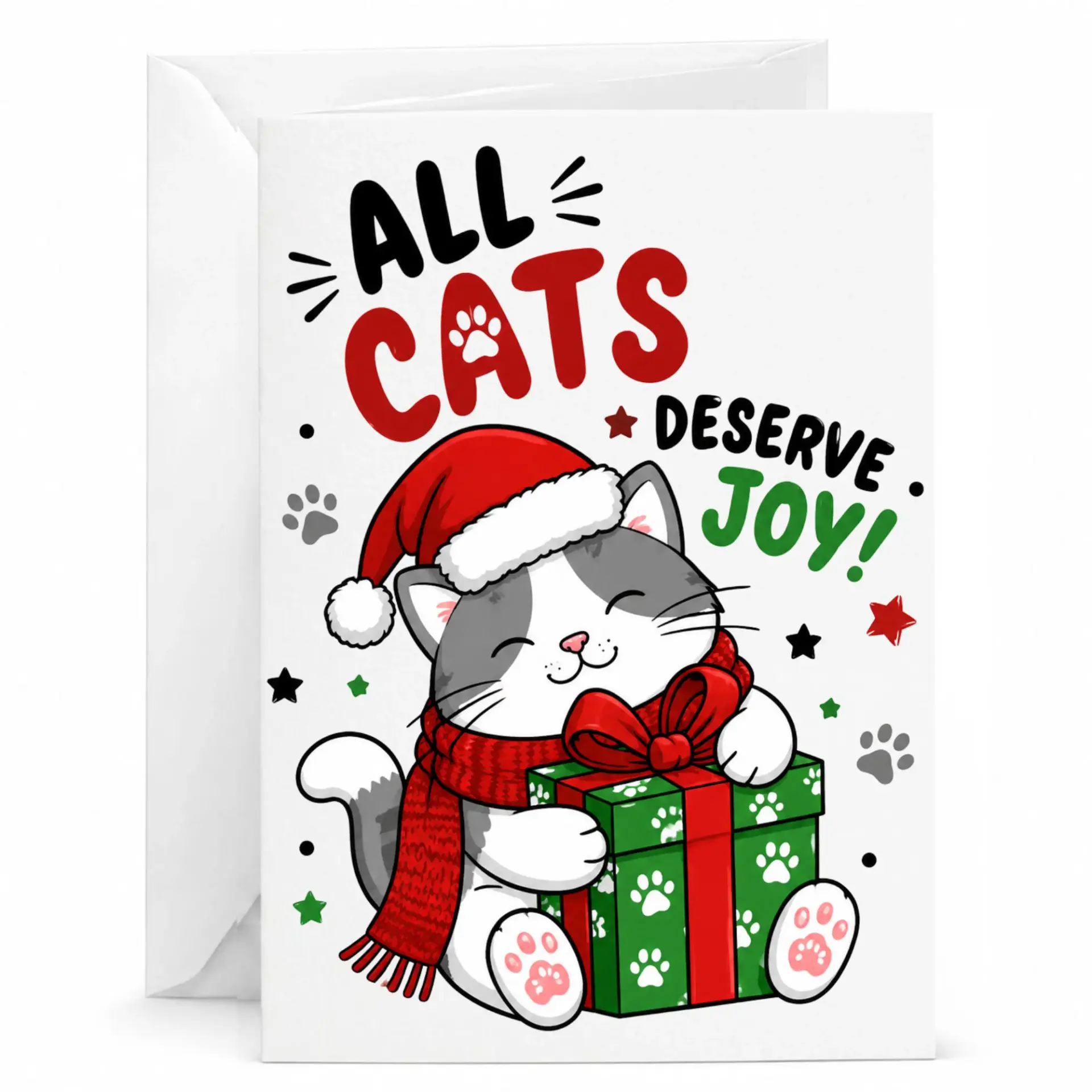 Funny Christmas Greeting Card All Cats Deserve Joy Featuring a Cute Kitten with a Holiday Gift and Santa Hat