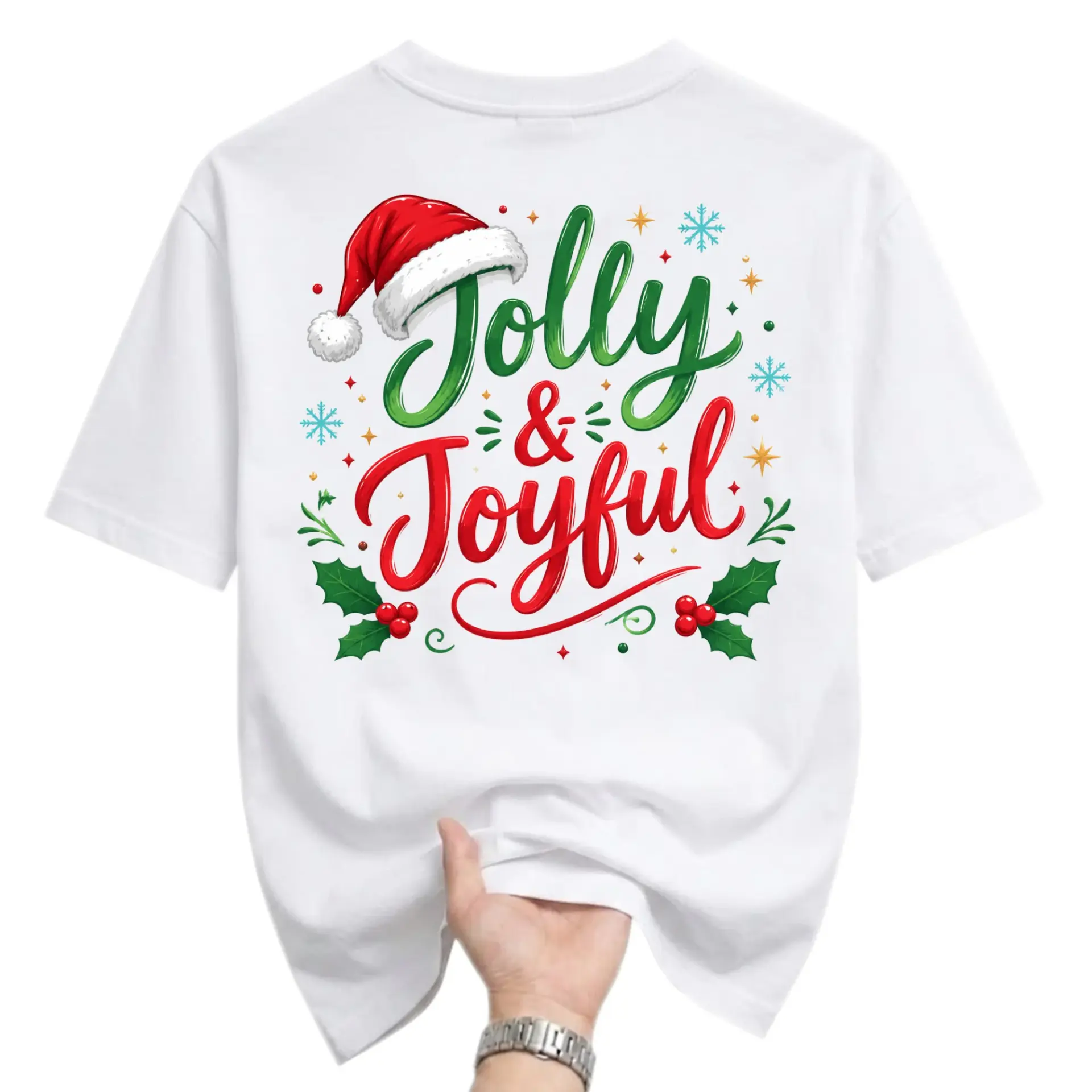Graphic Tee Jolly and Joyful Holiday Christmas Script Text with Santa Hat Print Unisex Casual Crew Neck T-Shirt