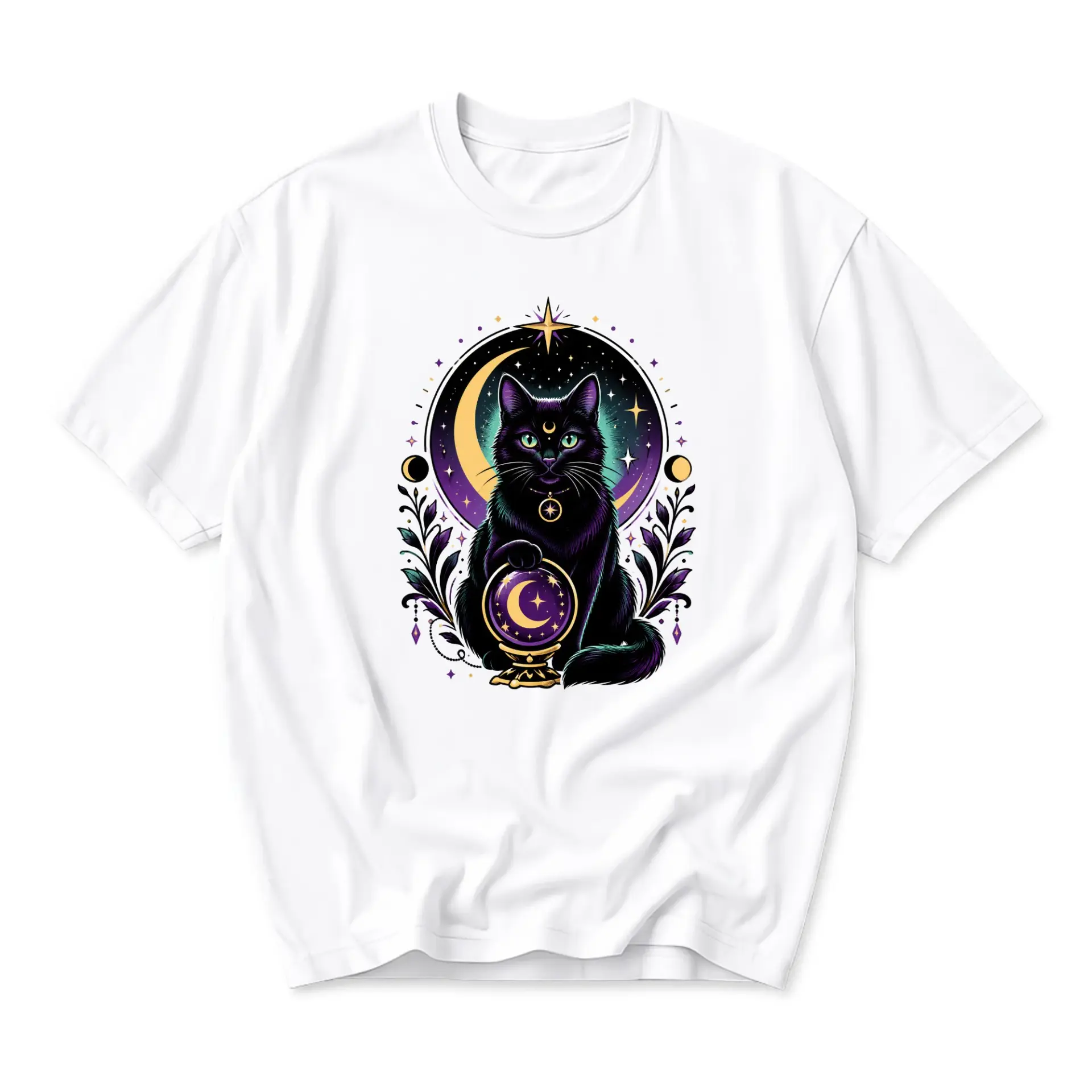 Graphic Tee Celestial Black Cat Crystal Ball T-Shirt Mystical Artistic Short Sleeve Casual Cotton Blend Apparel