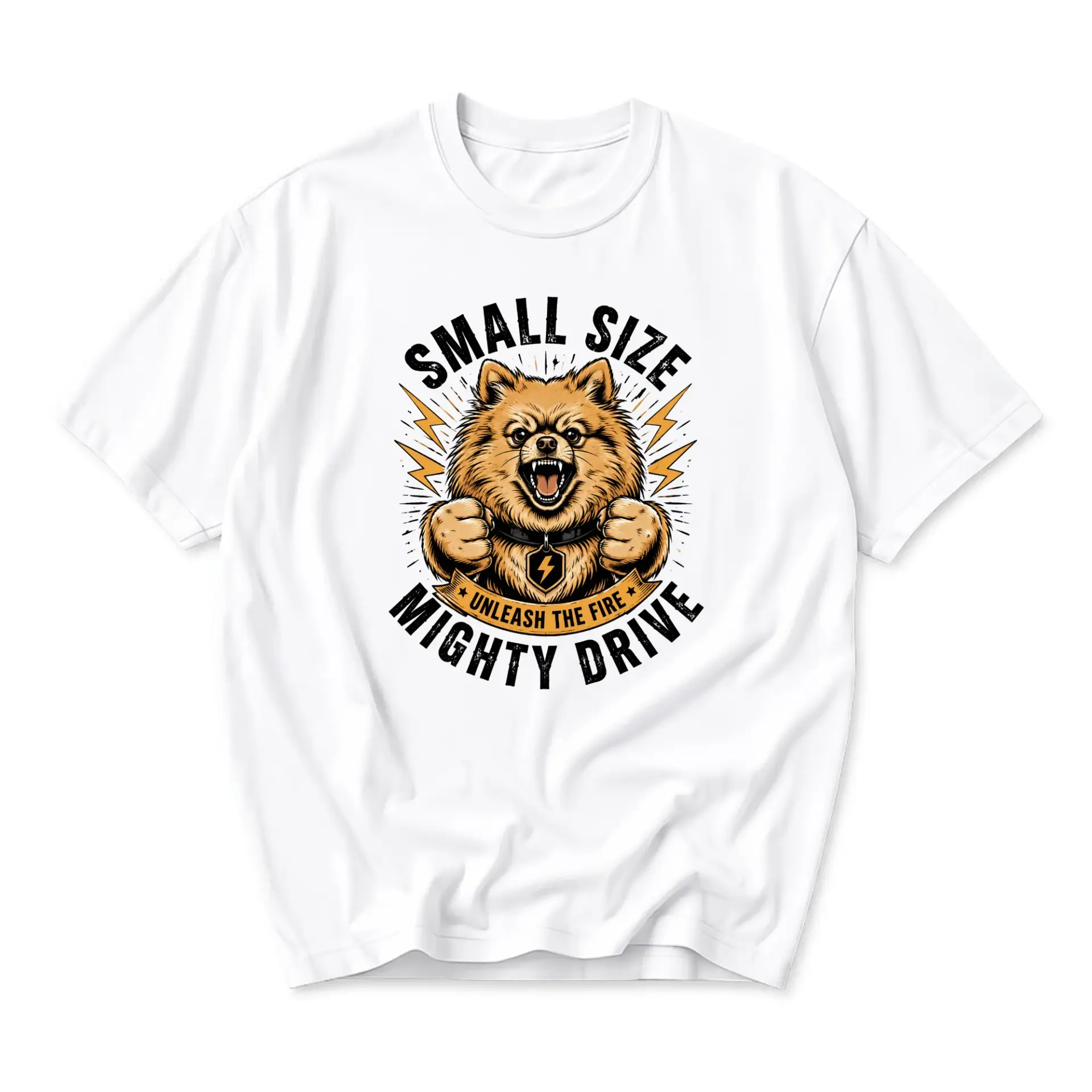 Graphic Tee Unisex Crew-Neck Shirt Featuring an Angry Pomeranian Dog Illustration with Small Size Mighty Drive Text