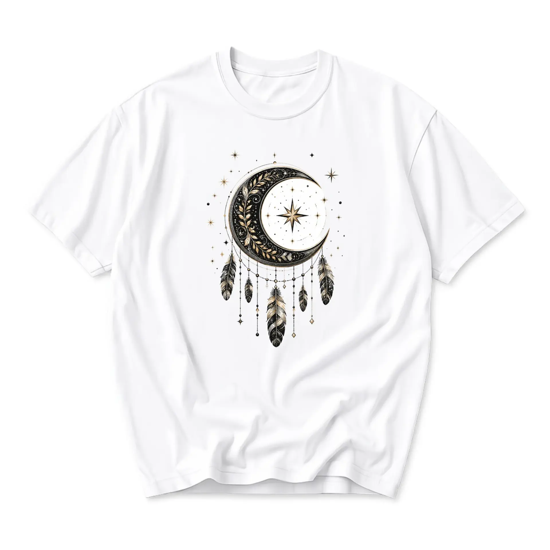 Graphic Tee Celestial Moon and Feathers Art Shirt Bohemian Style Celestial Graphic Print Unisex Casual Crew Neck Top