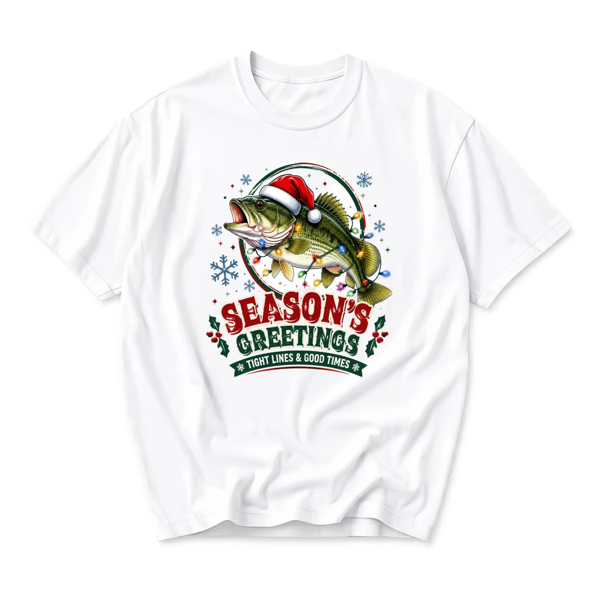 Funny Shirt Season's Greetings Fishing Unisex Graphic Printed T-Shirt Holiday Christmas Angler Gift Apparel