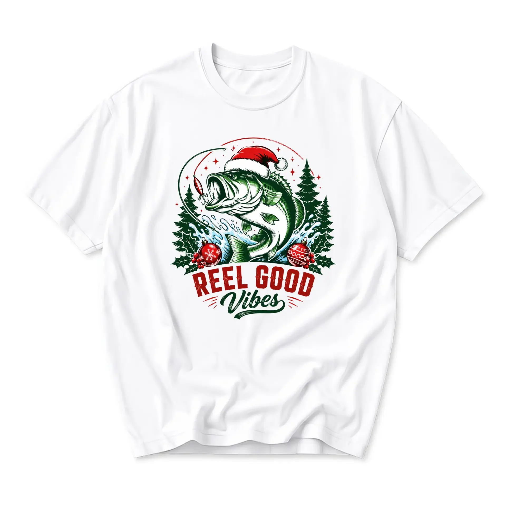 Funny Shirt Reel Christmas Fishing Graphic Tee Unisex Casual Crew Neck Holiday Short Sleeve Top White