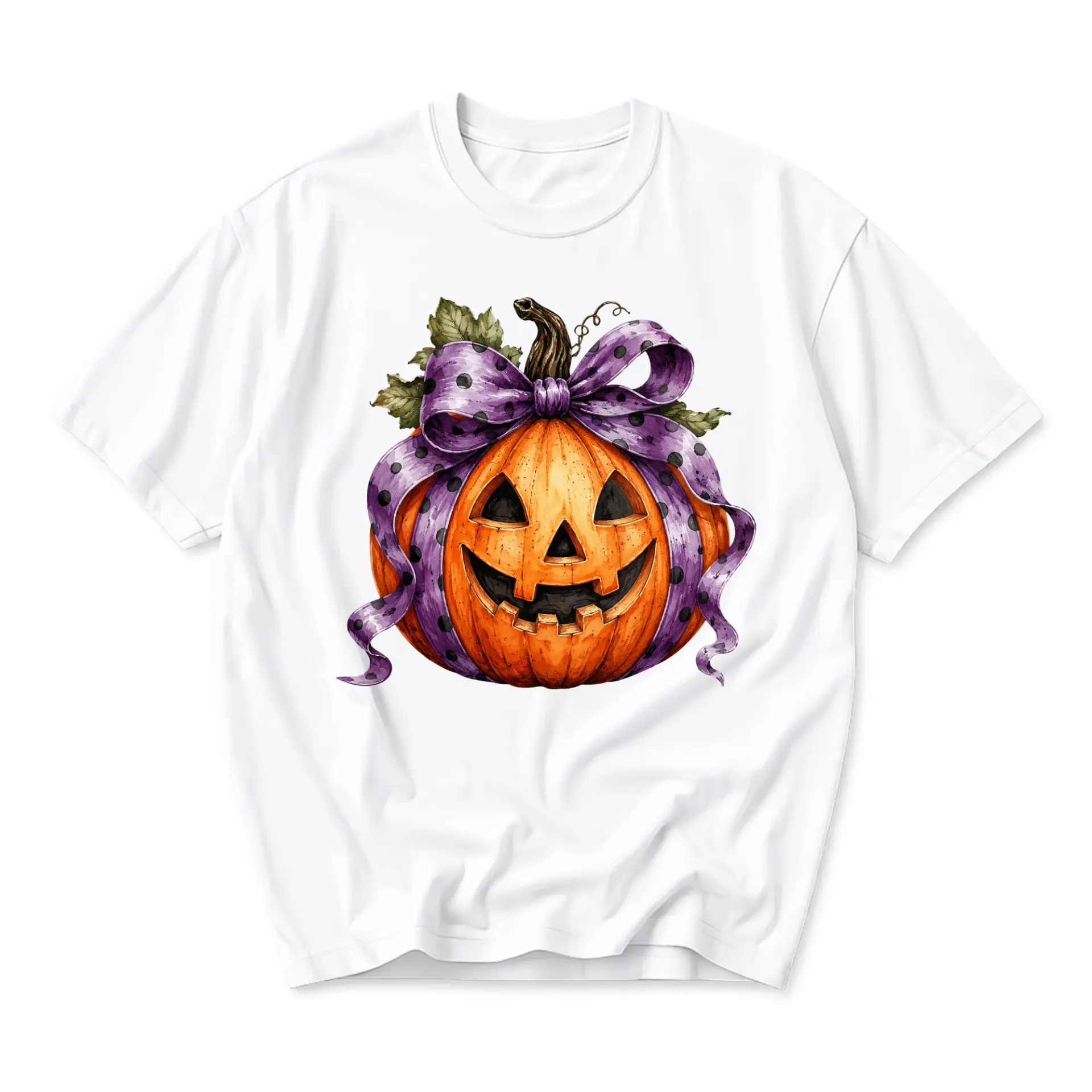 Graphic Tee Pumpkin with Purple Polka Dot Bow Fall Season Unisex Crew Neck Casual Cotton Blend Short Sleeve Shirt