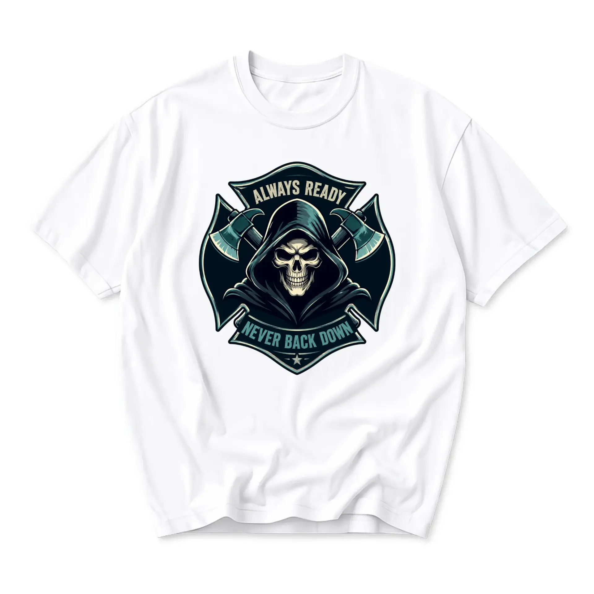 Graphic Tee Always Ready Never Back Down Skull Reaper with Axes Artistic Illustration White Unisex Crew Neck Shirt